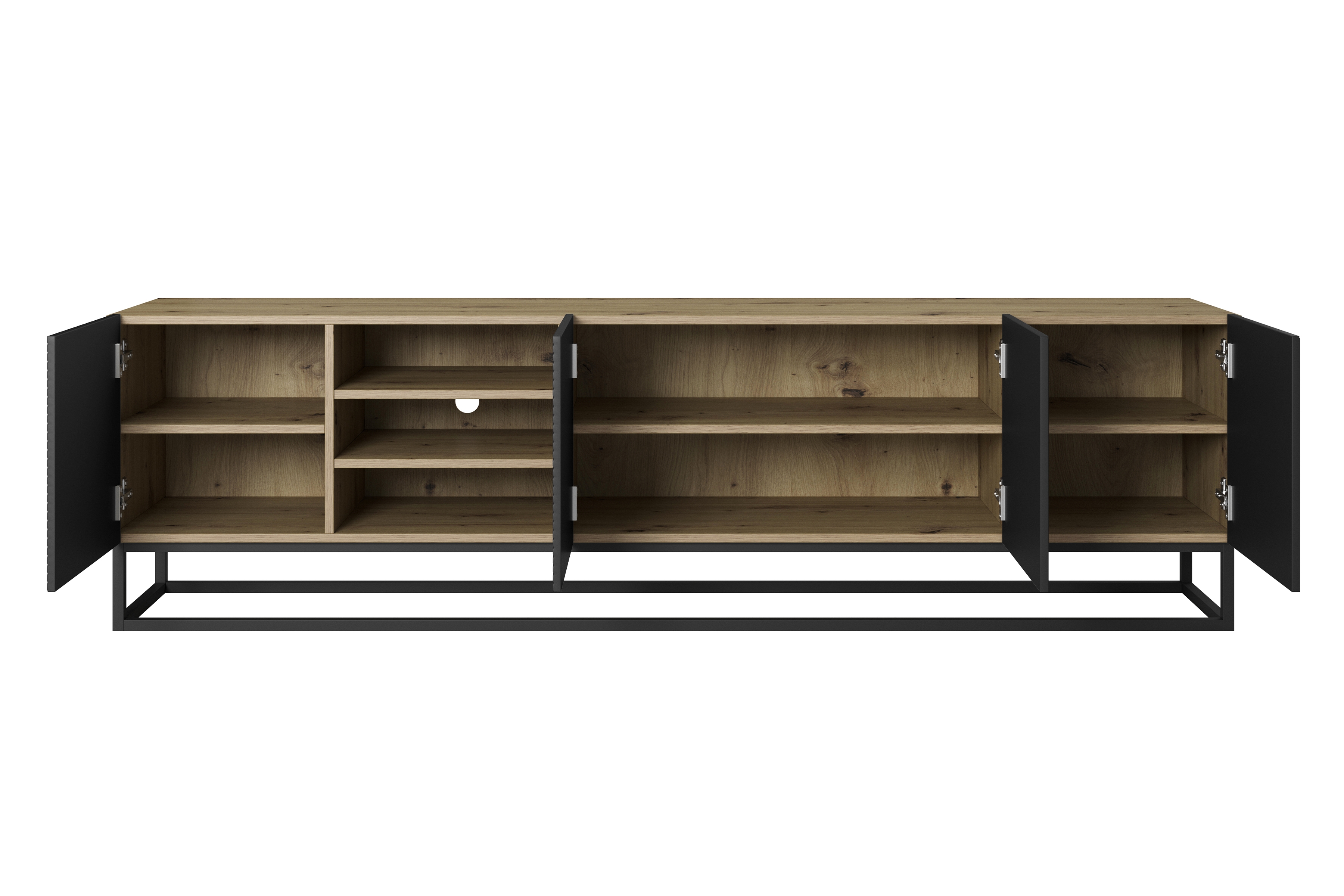 RTV skrinka Asha 200 cm ryhovaná s výklenkom a kovovým rámom - dub artisan / čierny mat TV skrinka Asha ryflowana z wneka i metalowym stelazem 200 cm - artisan / Čierny mat