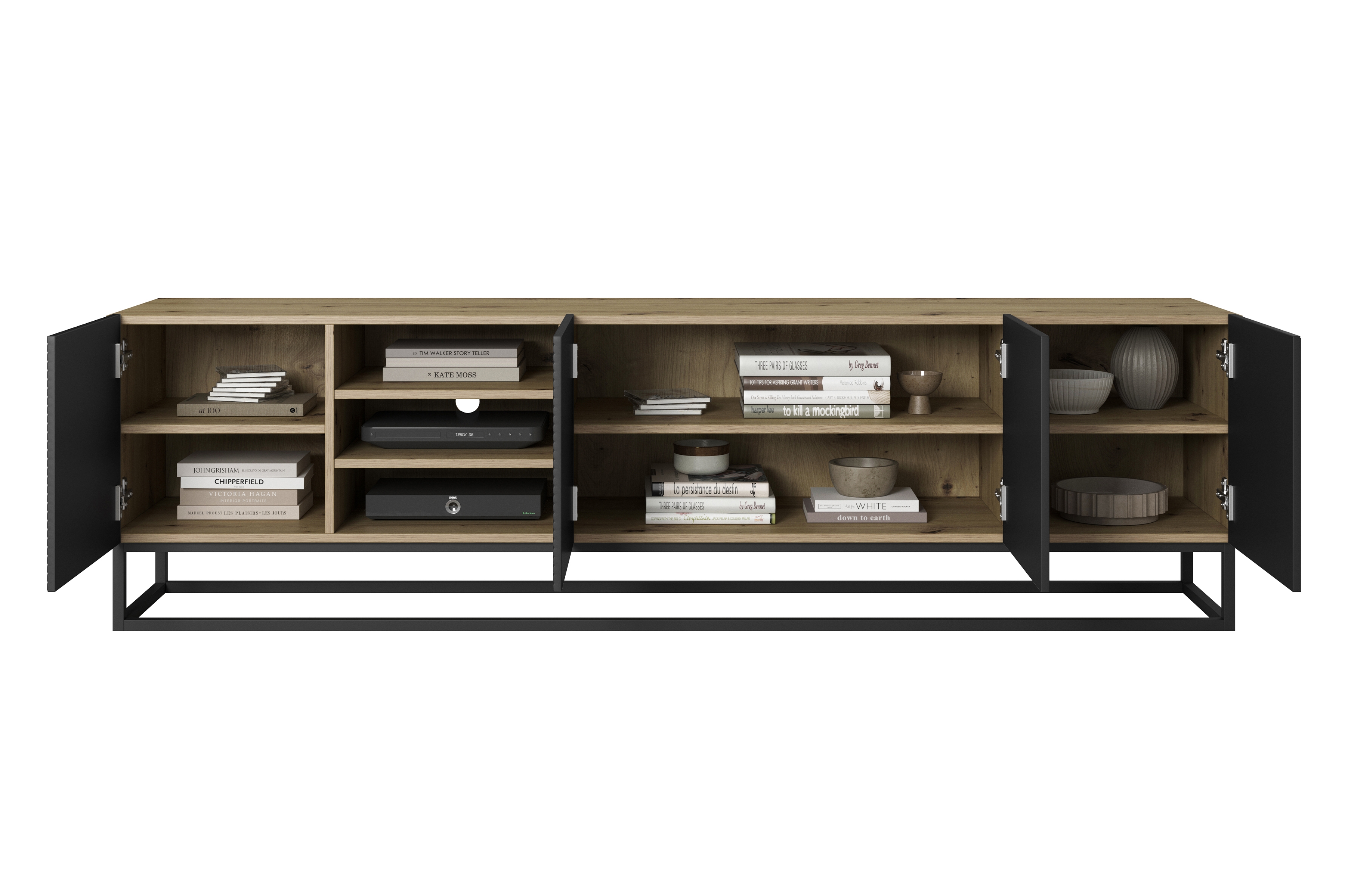 RTV skrinka Asha 200 cm ryhovaná s výklenkom a kovovým rámom - dub artisan / čierny mat TV skrinka Asha ryflowana z wneka i metalowym stelazem 200 cm - artisan / Čierny mat