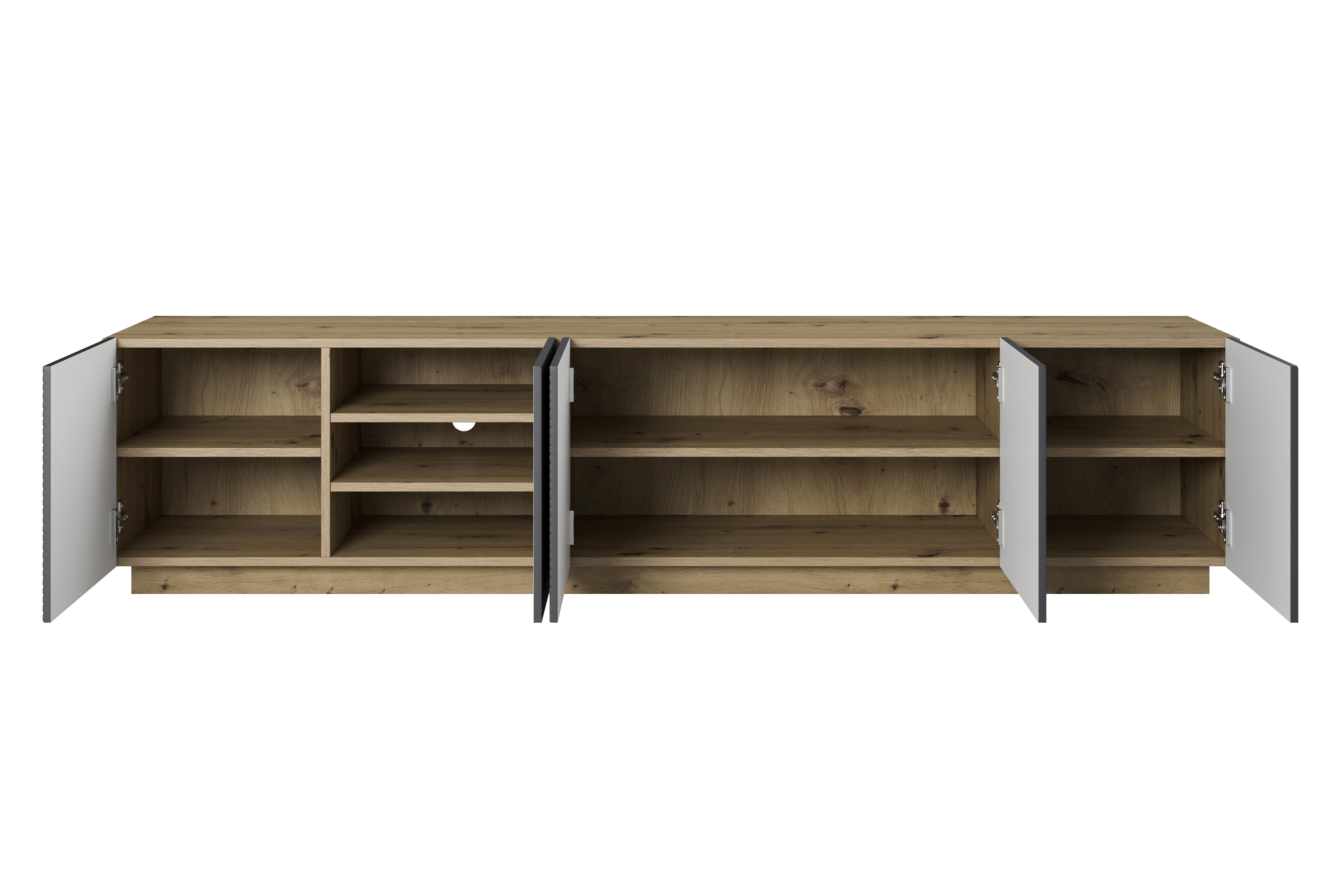 TV stolek Asha 200 cm s drážkovanými dvířky a otevřenou přihrádkou - dub artisan / rivier stone mat Skříňka RTV Asha s frézovanou přední částí i wneka 200 cm - artisan / rivier stone mat
