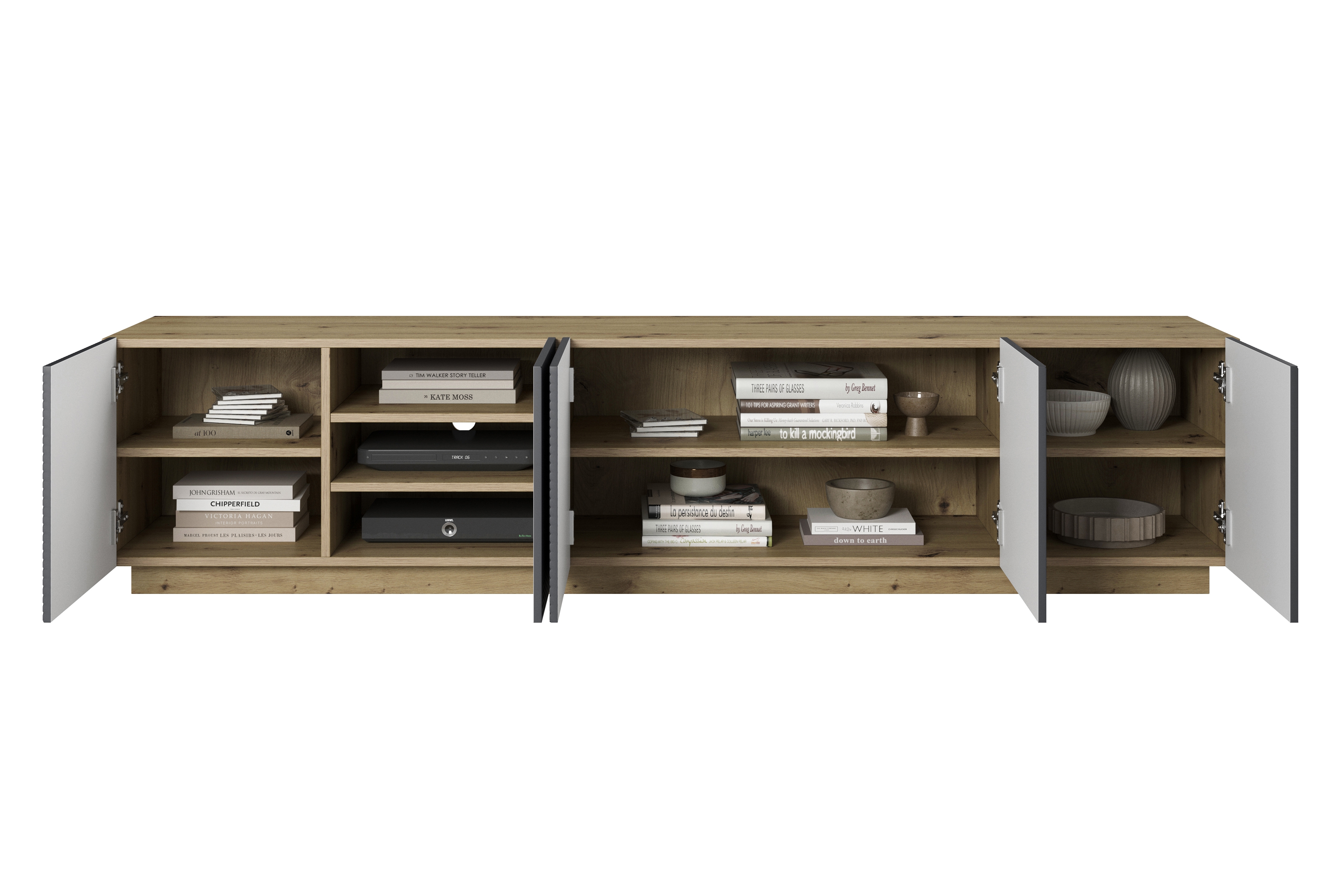 TV stolek Asha 200 cm s drážkovanými dvířky a otevřenou přihrádkou - dub artisan / rivier stone mat Skříňka RTV Asha s frézovanou přední částí i wneka 200 cm - artisan / rivier stone mat