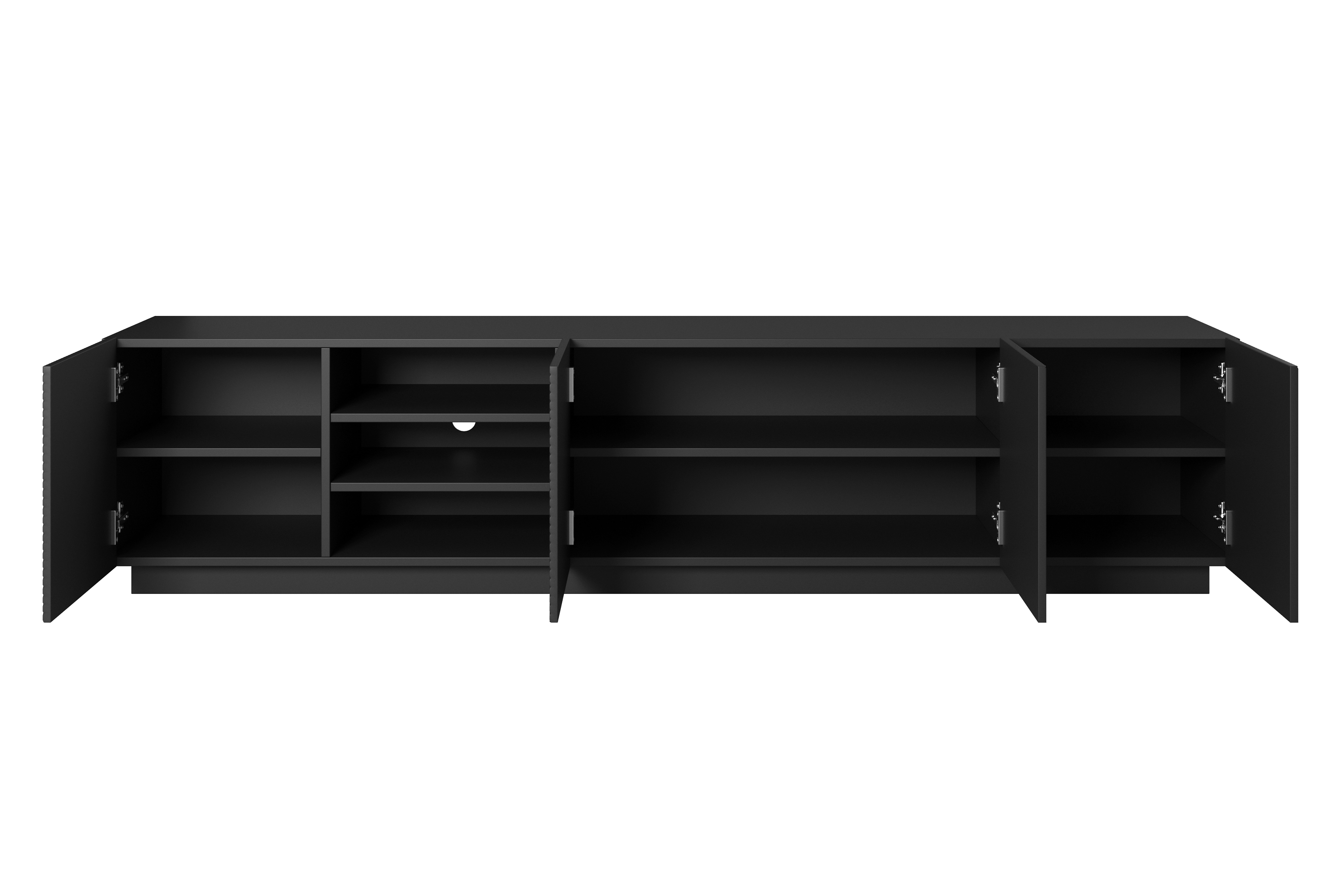 TV stolek Asha 200 cm s rýhovanými dvířky a výklenkem - černý mat Skříňka RTV Asha s frézovanou přední částí i wneka 200 cm - černá mat