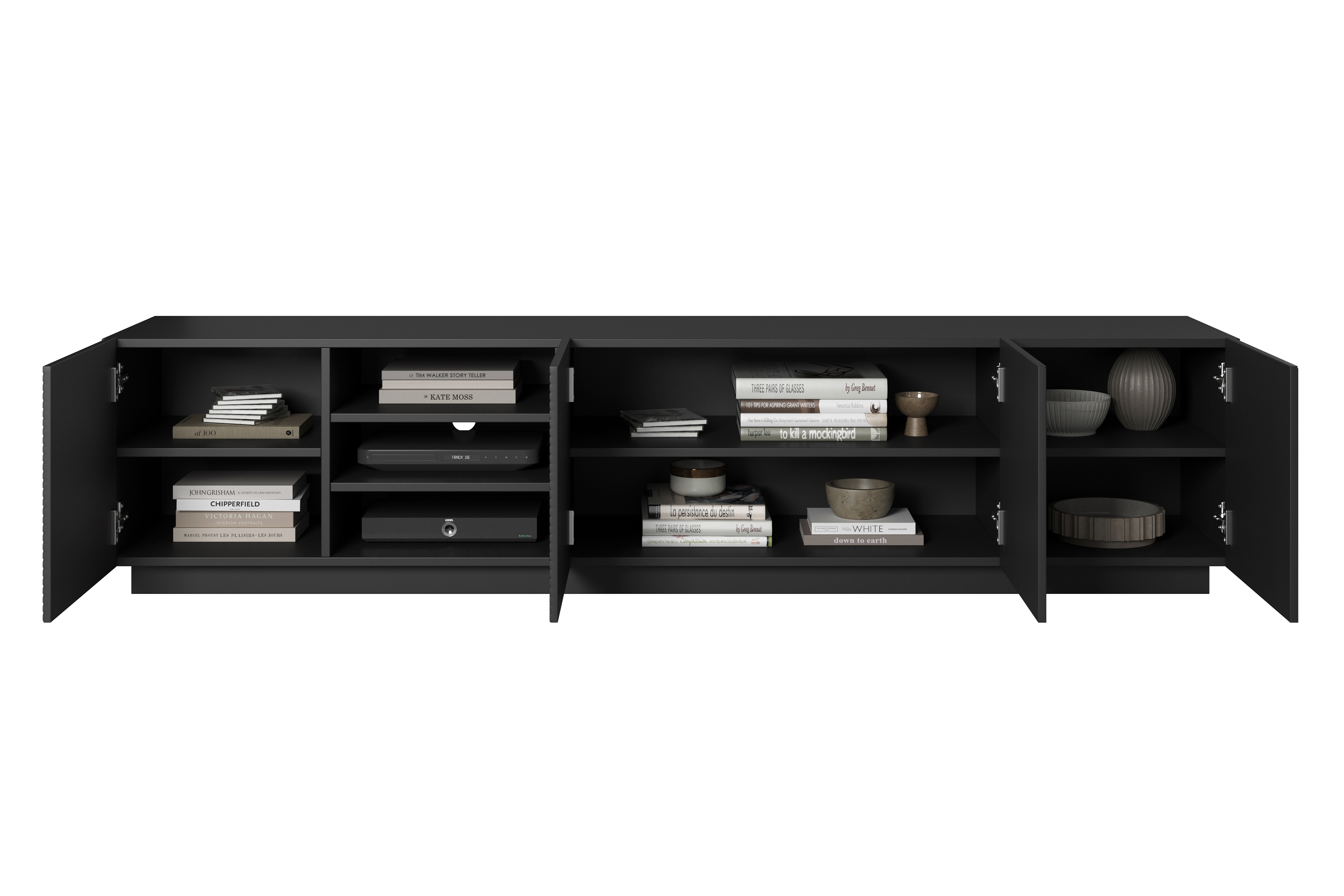 TV stolek Asha 200 cm s rýhovanými dvířky a výklenkem - černý mat Skříňka RTV Asha s frézovanou přední částí i wneka 200 cm - černá mat