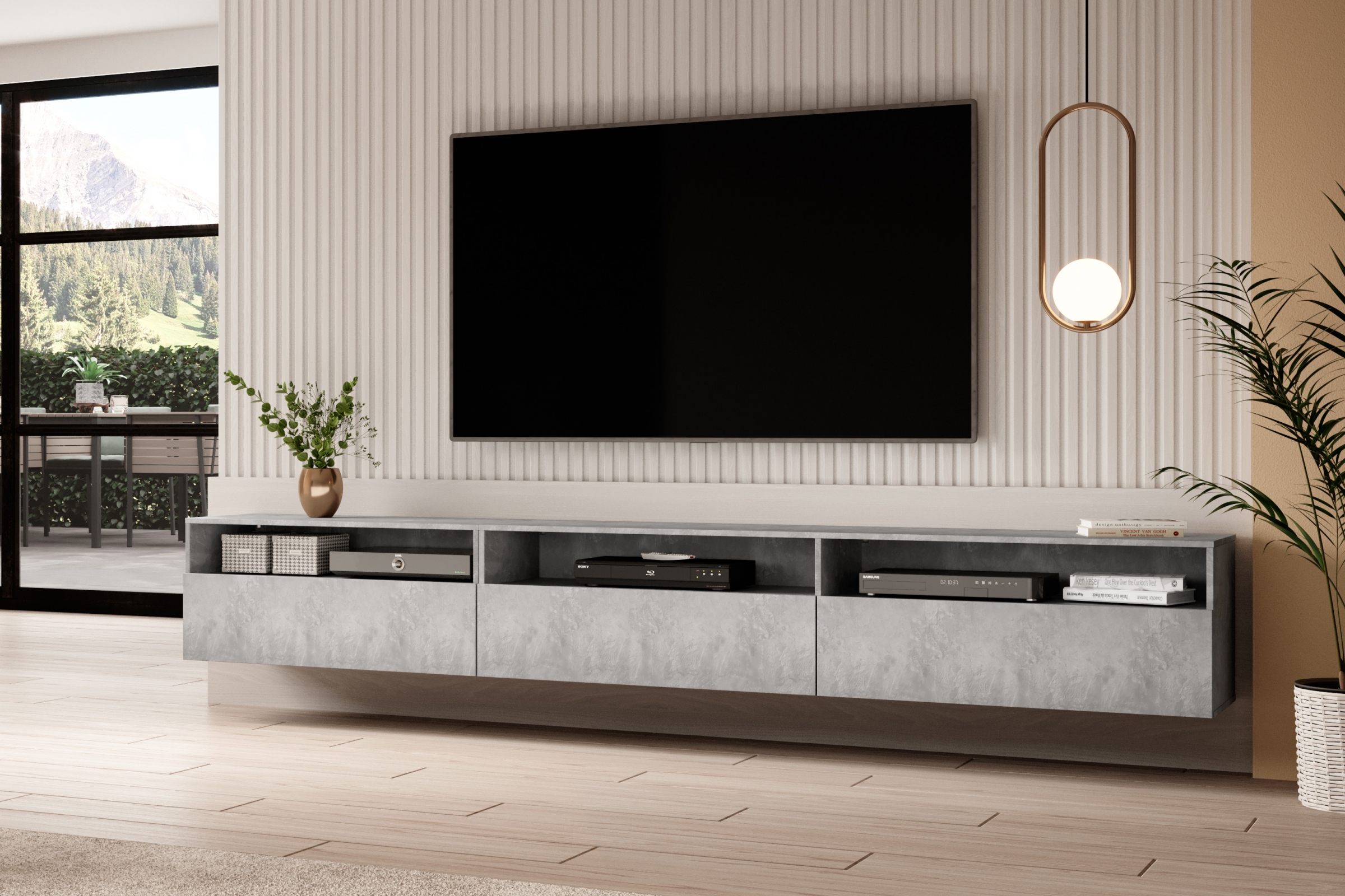 TV skrinka Baros 40 z wnekami 270 cm - svetlý beton TV skrinka Baros 40 - 270 cm - svetlý beton