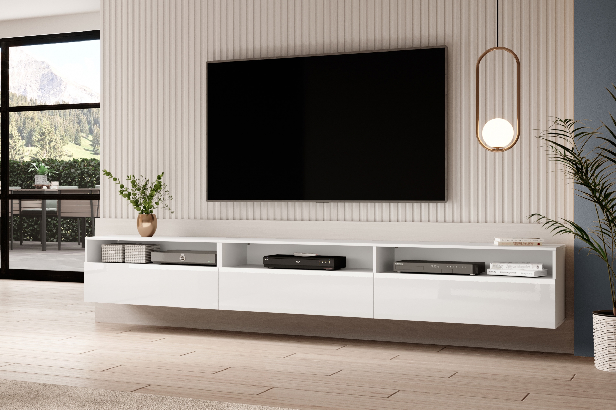 TV skrinka Baros 40 z wnekami 270 cm - biely lesk TV skrinka Baros 40 z wnekami 270 cm - biely lesk