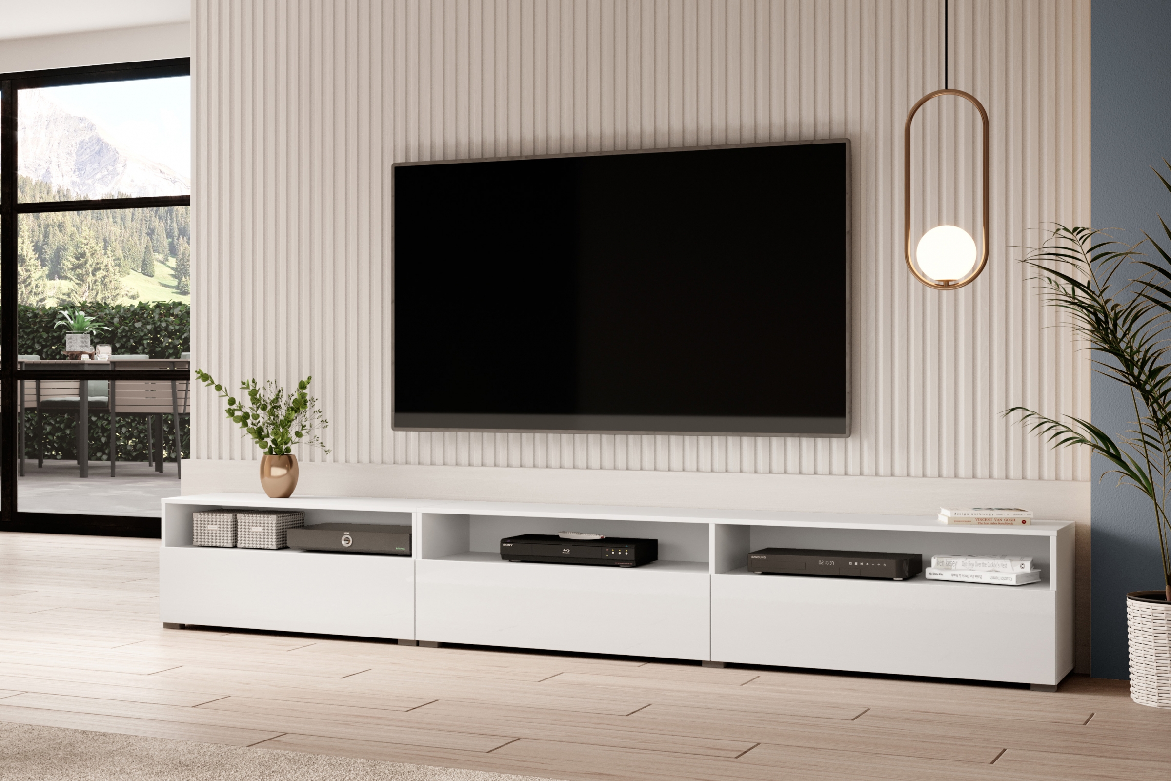 TV skrinka Baros 40 z wnekami 270 cm - biely lesk TV skrinka Baros 40 z wnekami 270 cm - biely lesk