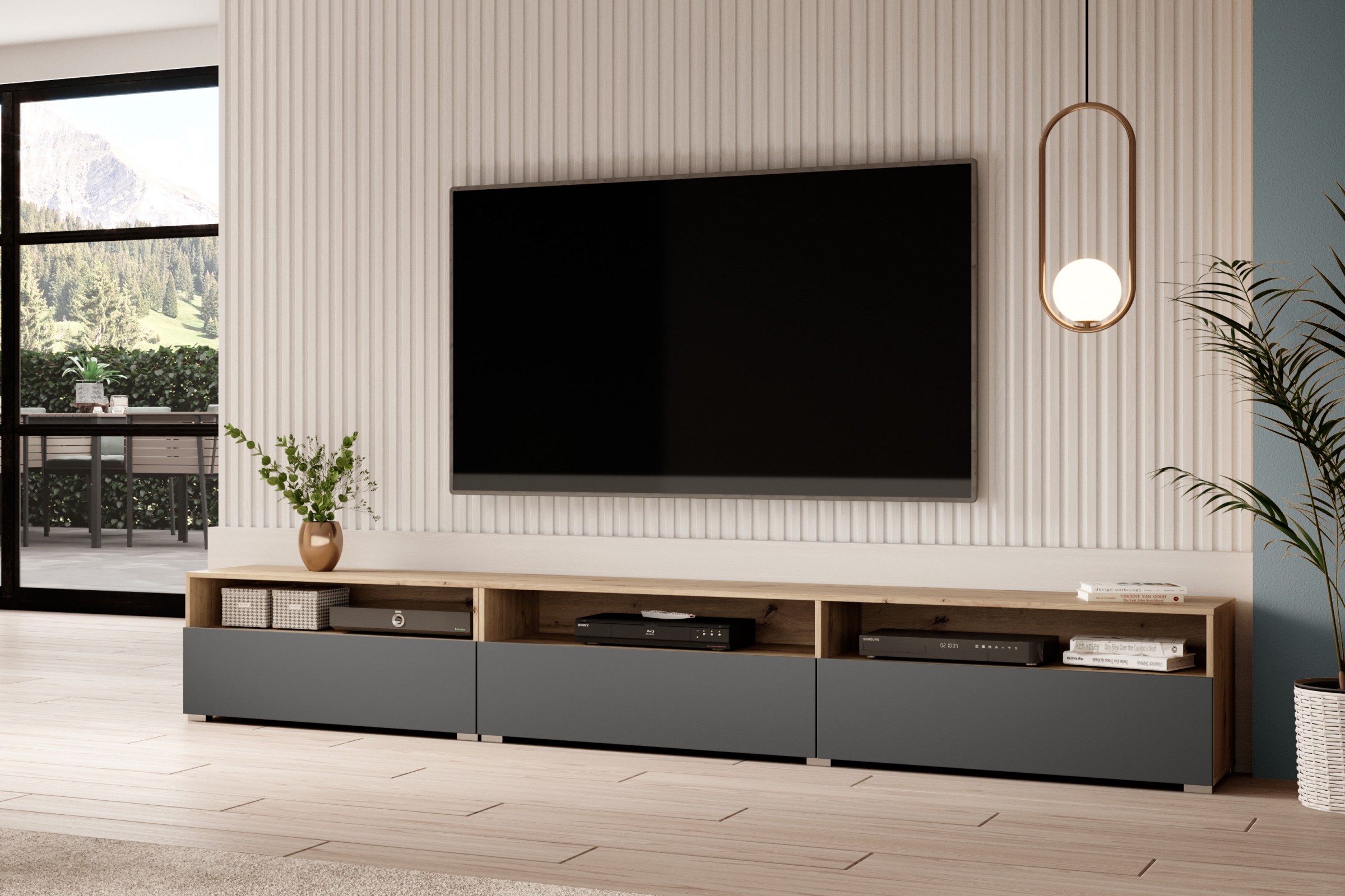 TV stolek Baros stojící / závěsný 270 cm - dub artisan / šedý mat skříňka RTV Baros 40 z wnekami 270 cm - dub artisan / šedá mat