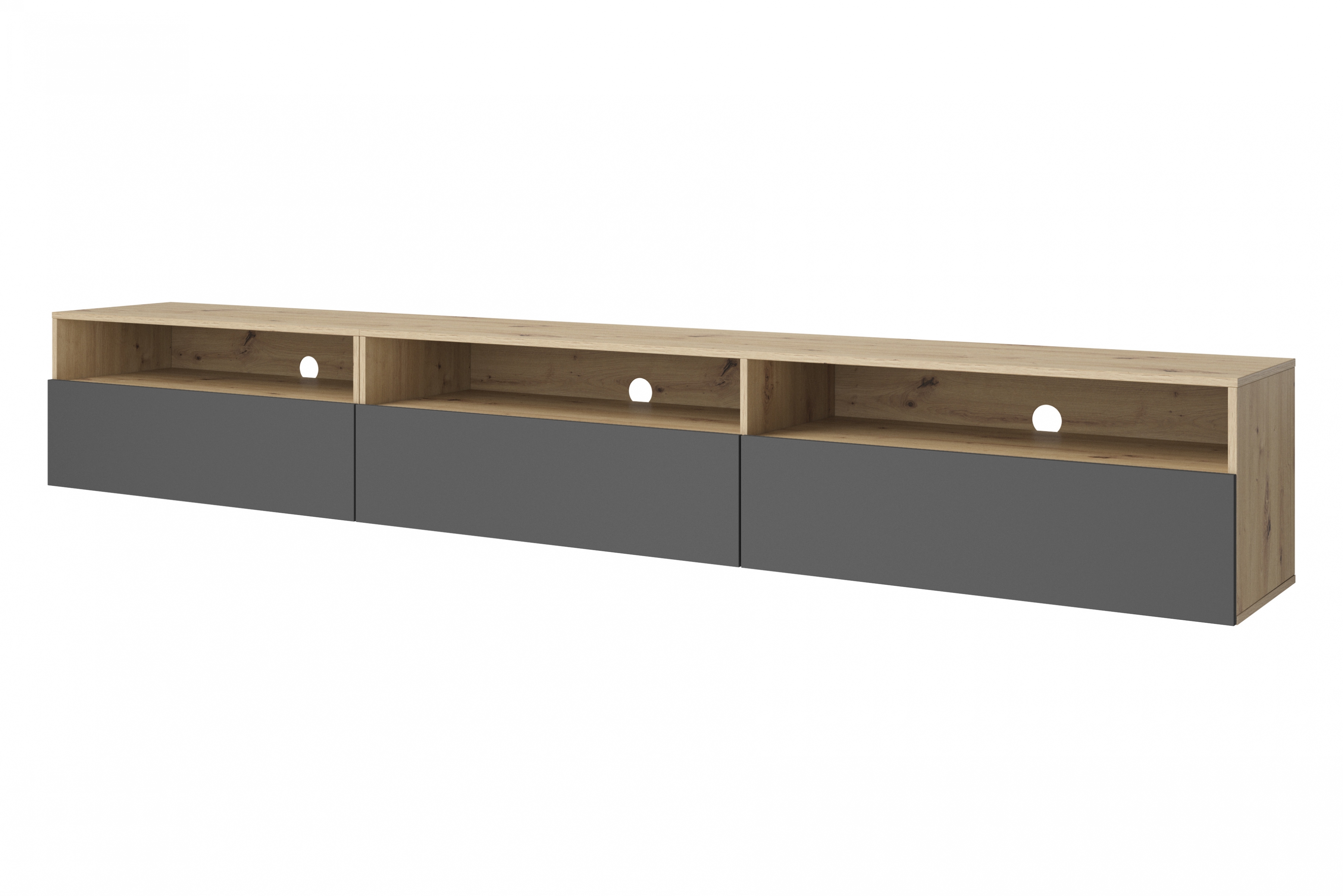 TV stolek Baros stojící / závěsný 270 cm - dub artisan / šedý mat skříňka RTV Baros 40 z wnekami 270 cm - dub artisan / šedá mat
