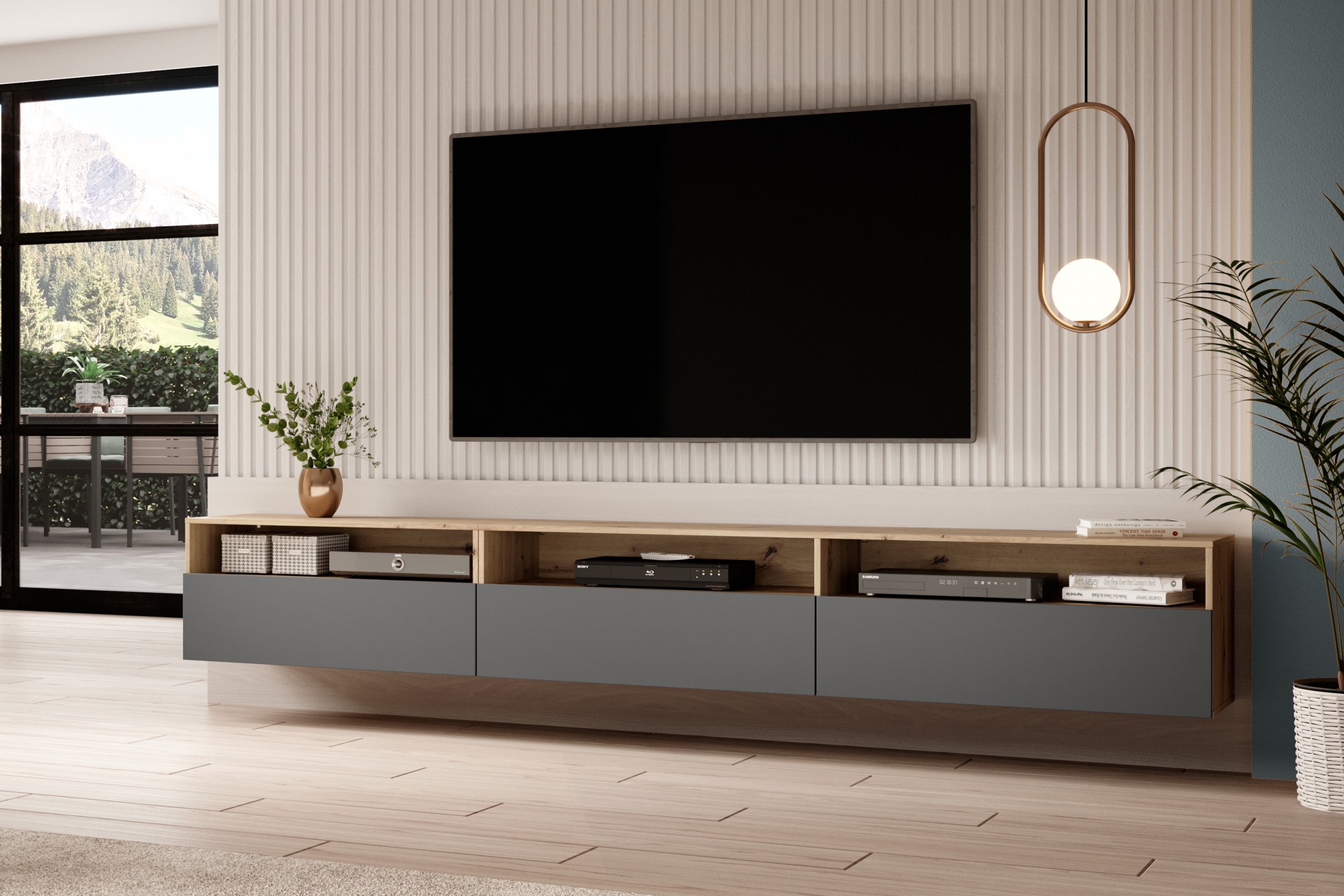 TV stolek Baros stojící / závěsný 270 cm - dub artisan / šedý mat skříňka RTV Baros 40 z wnekami 270 cm - dub artisan / šedá mat