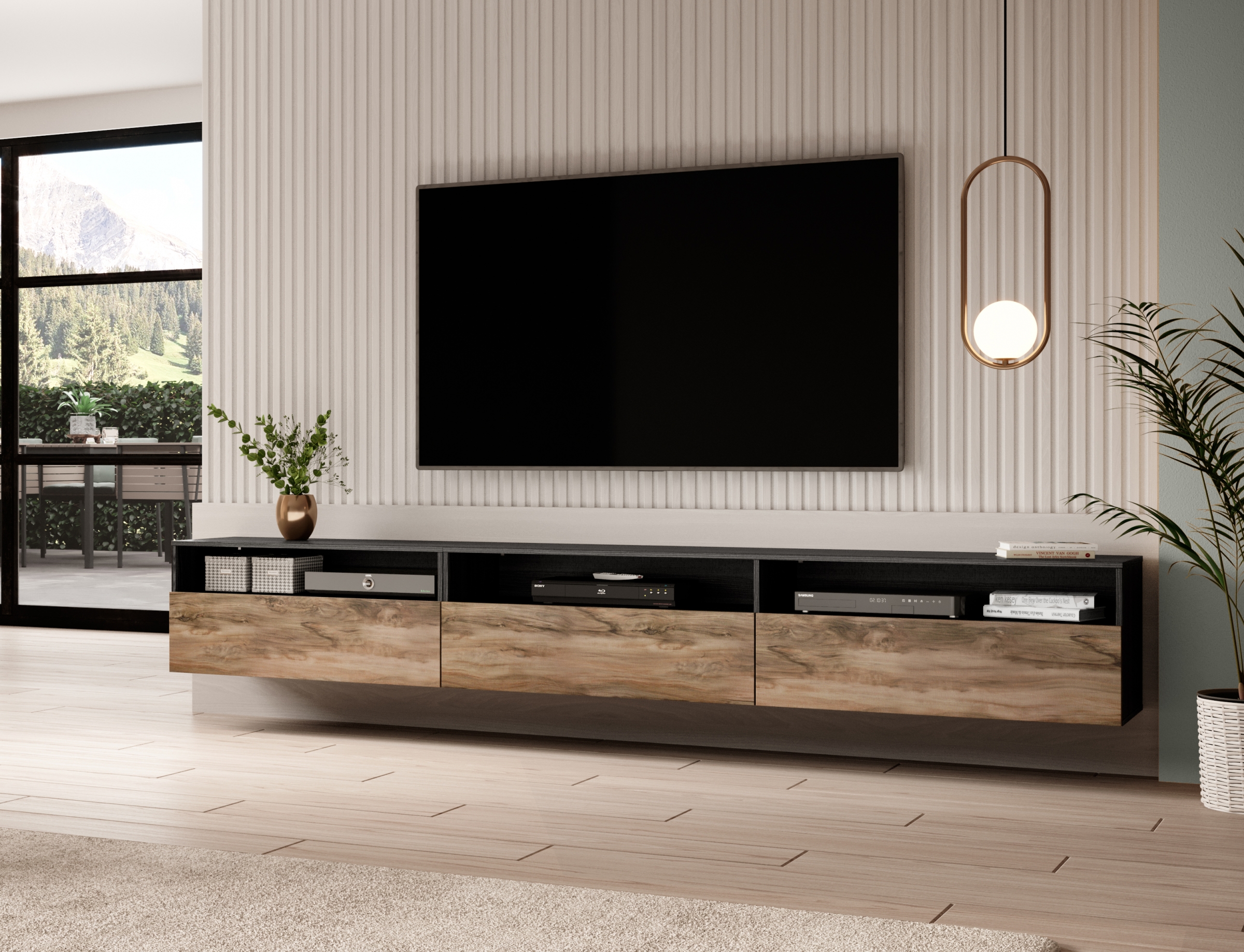 TV skrinka Baros 40 z wnekami 270 cm - touchwood / Orech sattin TV skrinka Baros 40 z wnekami 270 cm - touchwood / Orech sattin