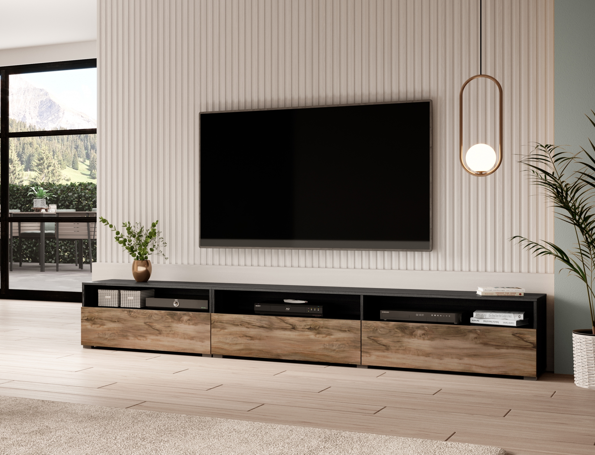 TV skrinka Baros 40 z wnekami 270 cm - touchwood / Orech sattin TV skrinka Baros 40 z wnekami 270 cm - touchwood / Orech sattin