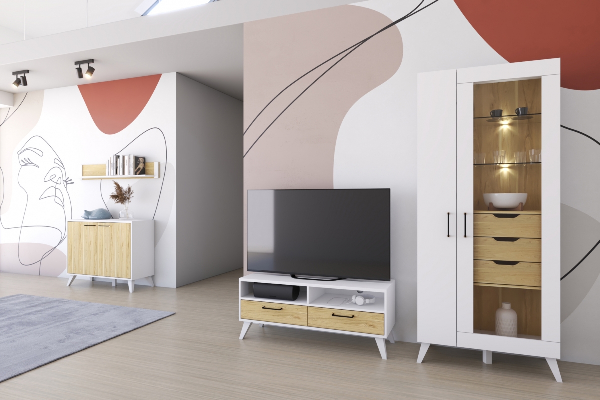 TV stolek Barris 24 se zásuvkami 120 cm - americký ořech byant / bílá mat Skříňka RTV Barris 24 s zásuvkami 120 cm - Ořech americký byant/Bílý mat