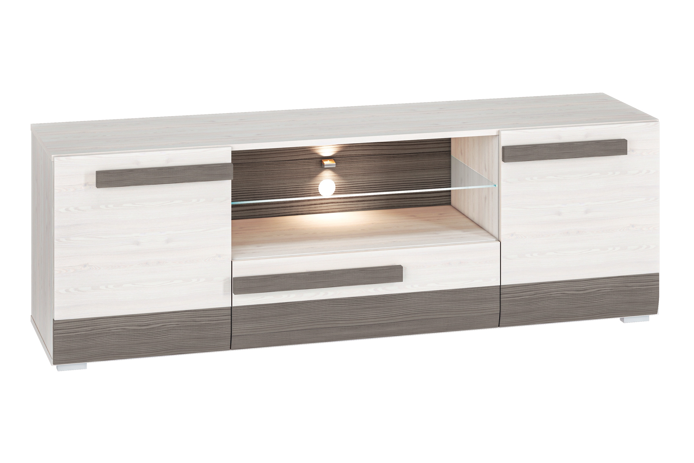 TV stolík Tonemo 09 165 cm so zásuvkou a otvorenými policami - borovica snežná / sivá new grey TV skrinka Blanco 09 z szuflada i wnekami 165 cm - Borovica sNiezna / new grey