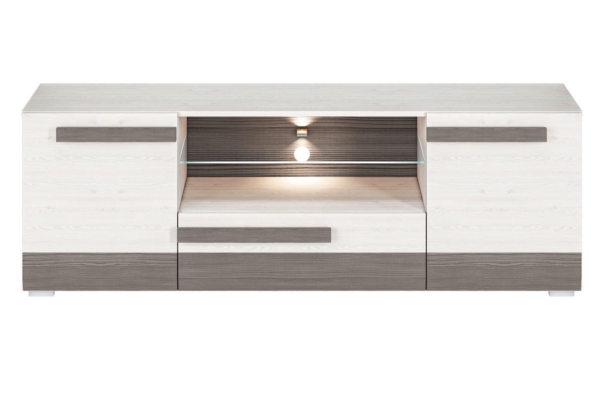 TV stolík Tonemo 09 165 cm so zásuvkou a otvorenými policami - borovica snežná / sivá new grey TV skrinka Blanco 09 z szuflada i wnekami 165 cm - Borovica sNiezna / new grey