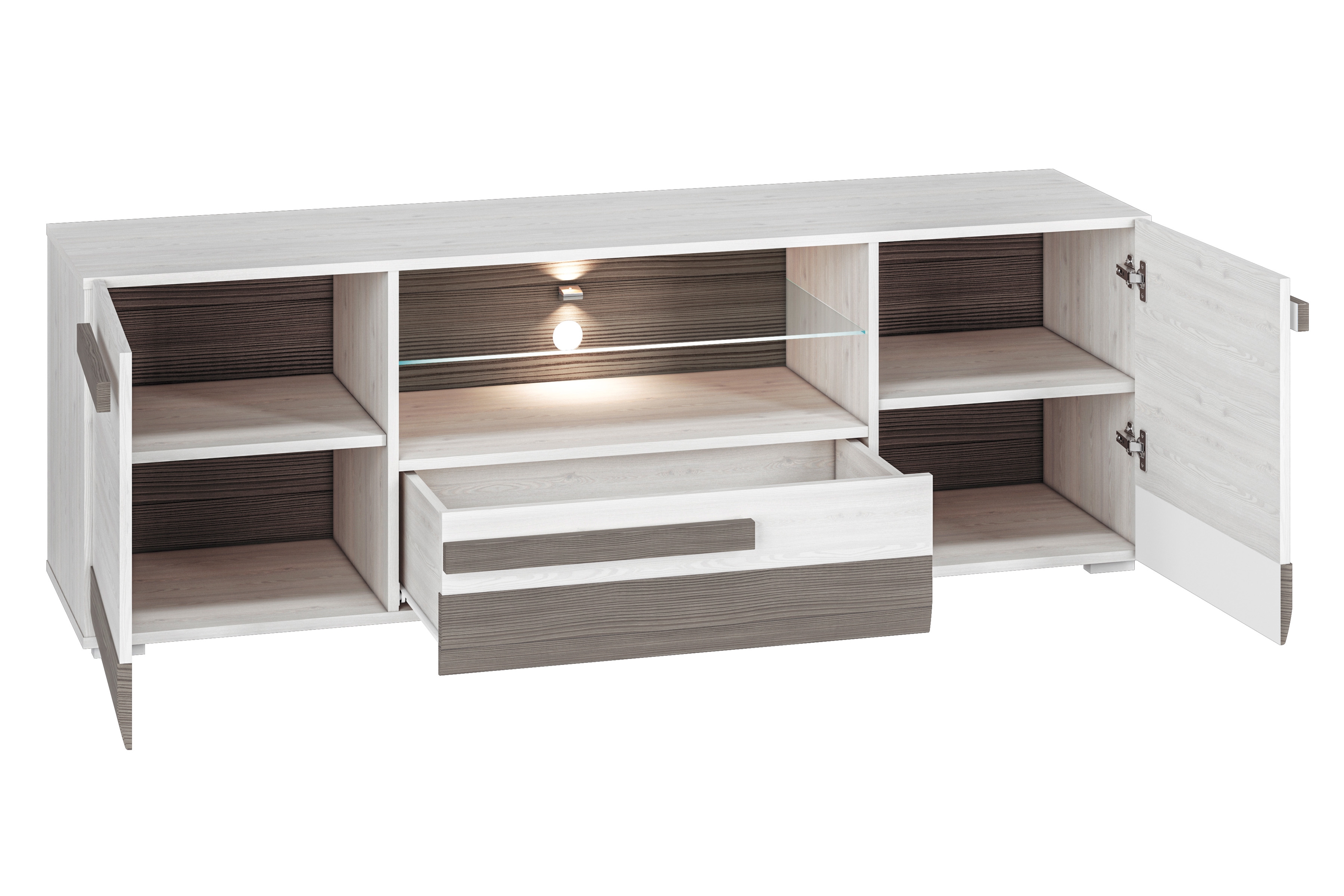 TV stolík Tonemo 09 165 cm so zásuvkou a otvorenými policami - borovica snežná / sivá new grey TV skrinka Blanco 09 z szuflada i wnekami 165 cm - Borovica sNiezna / new grey