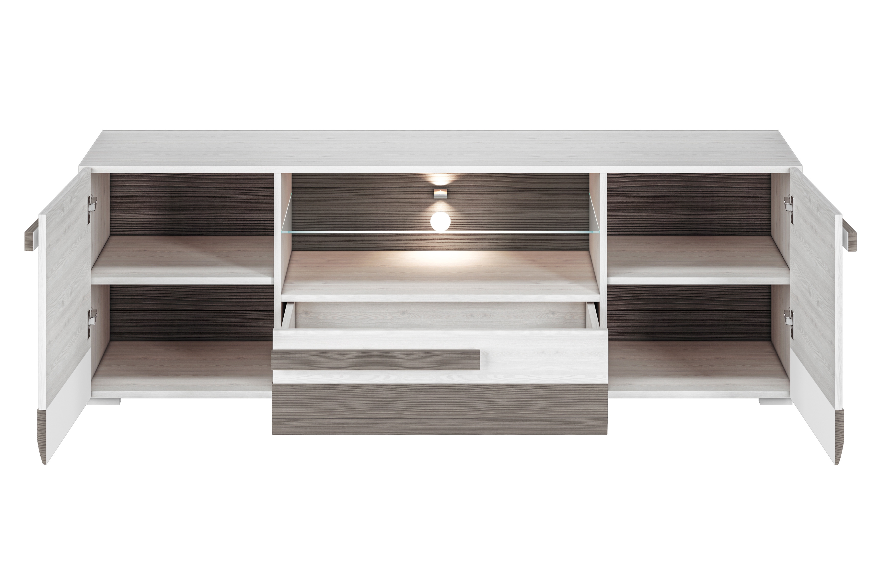 TV stolík Tonemo 09 165 cm so zásuvkou a otvorenými policami - borovica snežná / sivá new grey TV skrinka Blanco 09 z szuflada i wnekami 165 cm - Borovica sNiezna / new grey