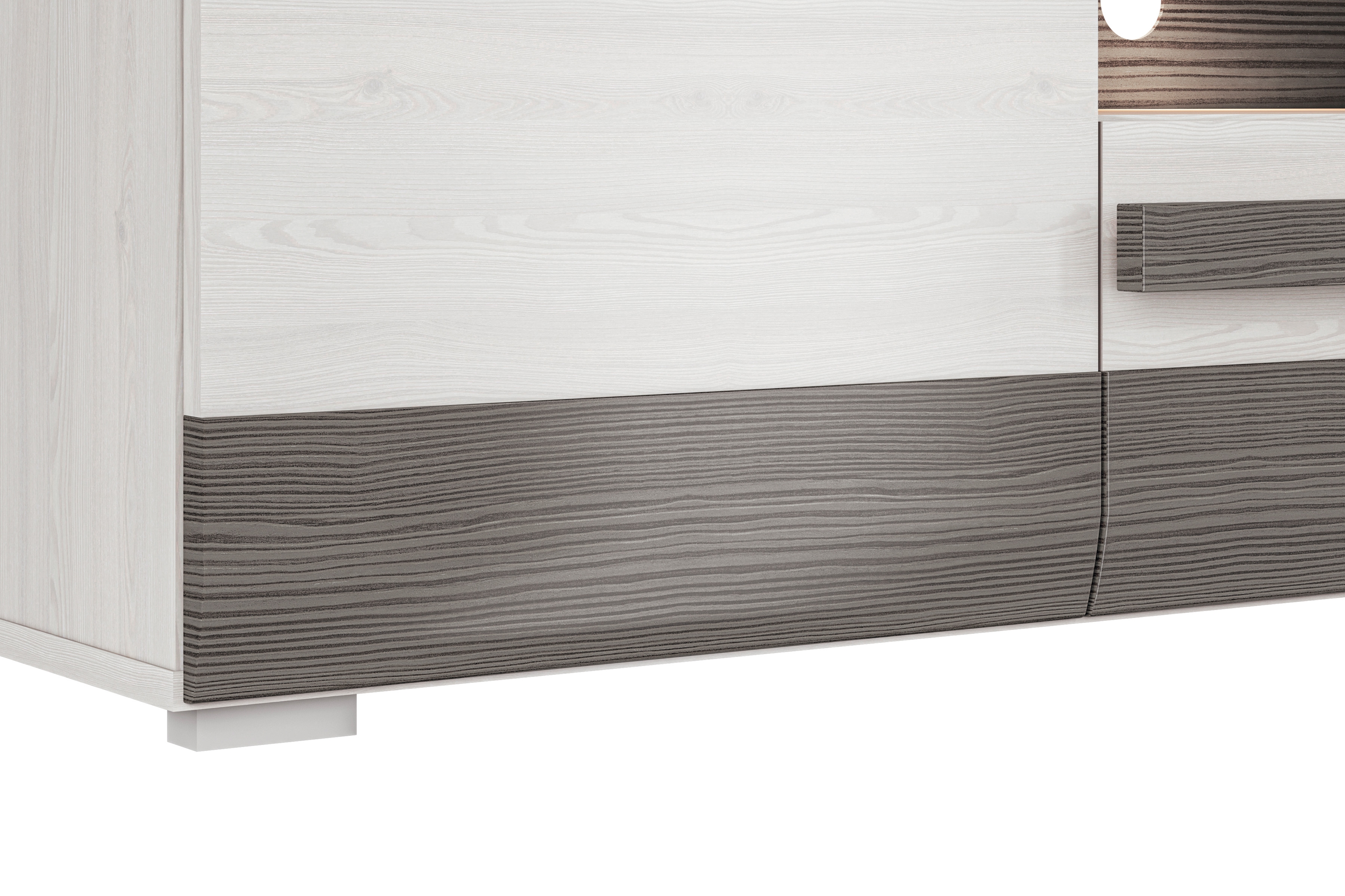 TV stolík Tonemo 09 165 cm so zásuvkou a otvorenými policami - borovica snežná / sivá new grey TV skrinka Blanco 09 z szuflada i wnekami 165 cm - Borovica sNiezna / new grey