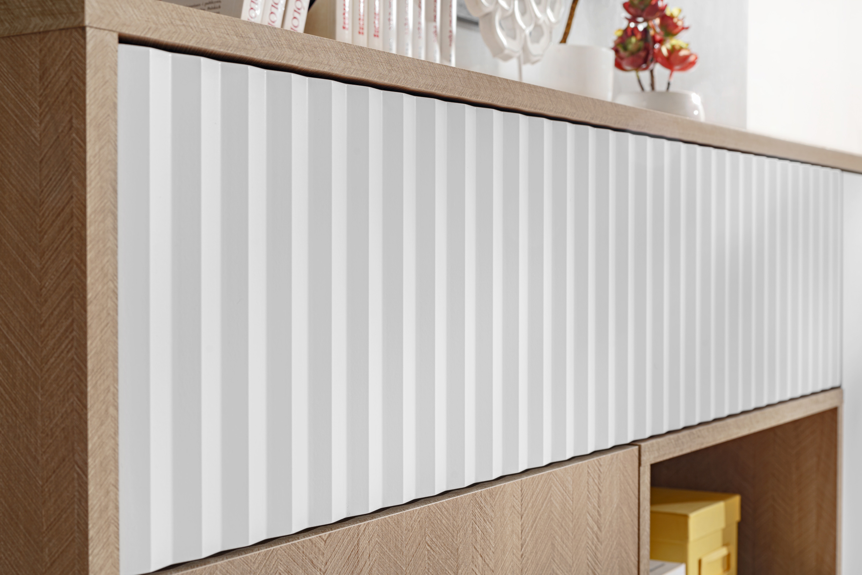 TV stolek Bliwon 197 cm se zásuvkami - jodeka scandi / bílý mat Skříňka RTV Bliwon F01 s zásuvkami 197 cm - jodelka scandi / Bílý mat