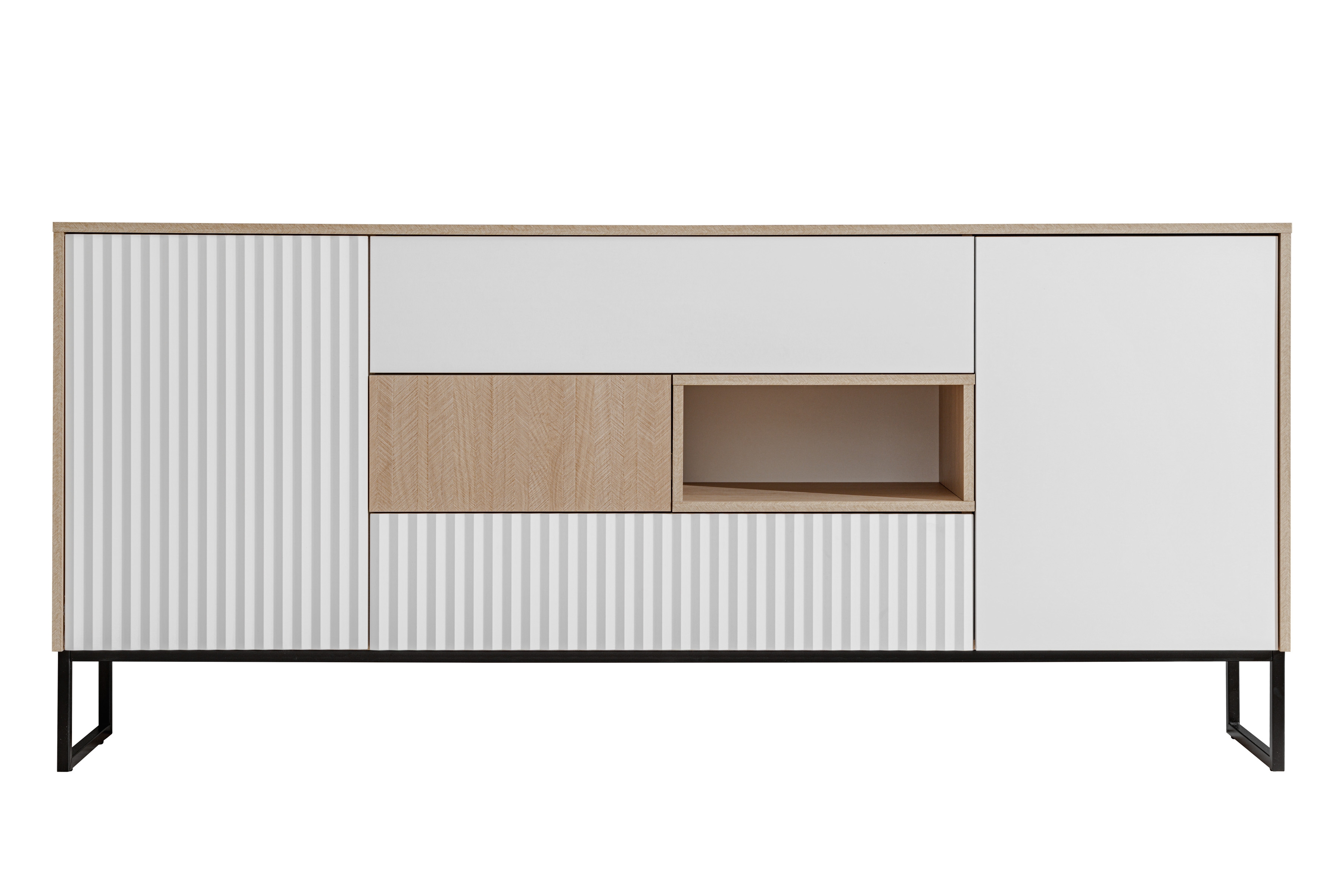 TV stolek Bliwon 197 cm se zásuvkami - jodeka scandi / bílý mat Skříňka RTV Bliwon F01 s zásuvkami 197 cm - jodelka scandi / Bílý mat