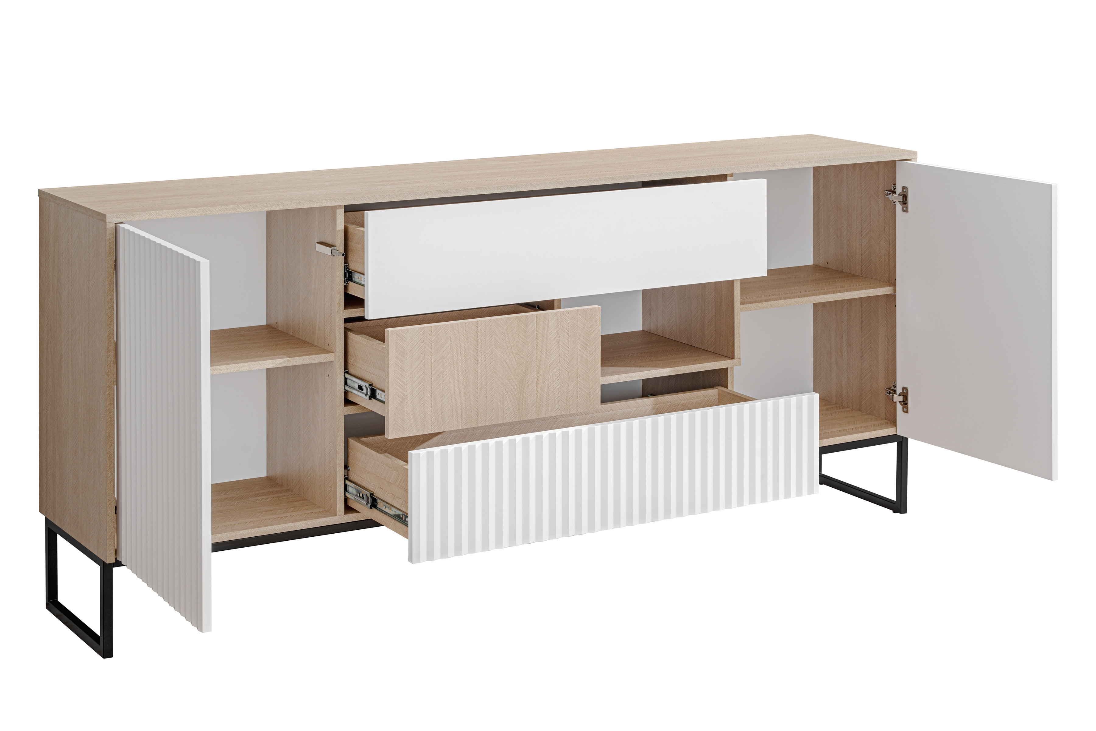 TV stolek Bliwon 197 cm se zásuvkami - jodeka scandi / bílý mat Skříňka RTV Bliwon F01 s zásuvkami 197 cm - jodelka scandi / Bílý mat