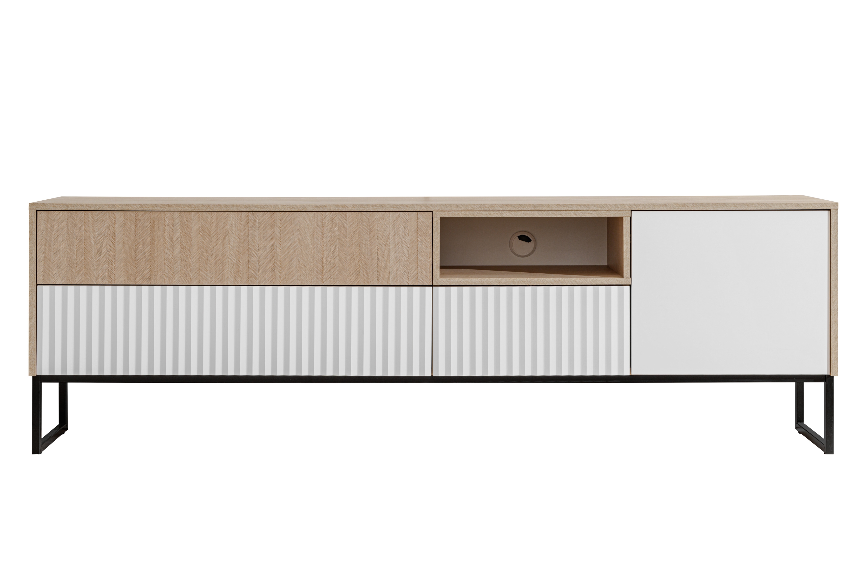 TV stolík Bliwon 197 cm so zásuvkami - jodeľka scandi / biely mat TV skrinka Bliwon F03 so zásuvkami 197 cm - jodelka scandi / biely mat