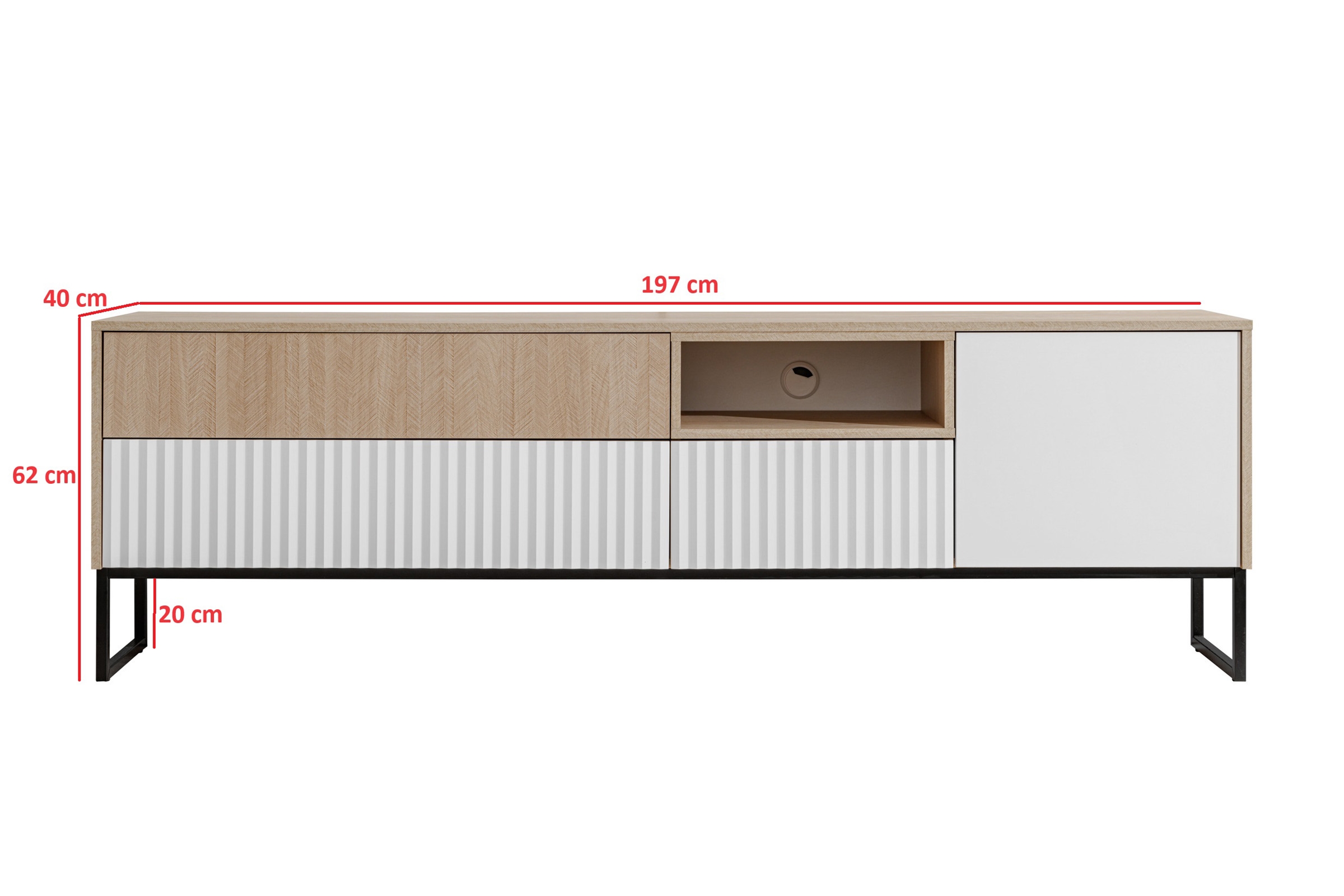 TV stolík Bliwon 197 cm so zásuvkami - jodeľka scandi / biely mat TV skrinka Bliwon F03 so zásuvkami 197 cm - jodelka scandi / biely mat