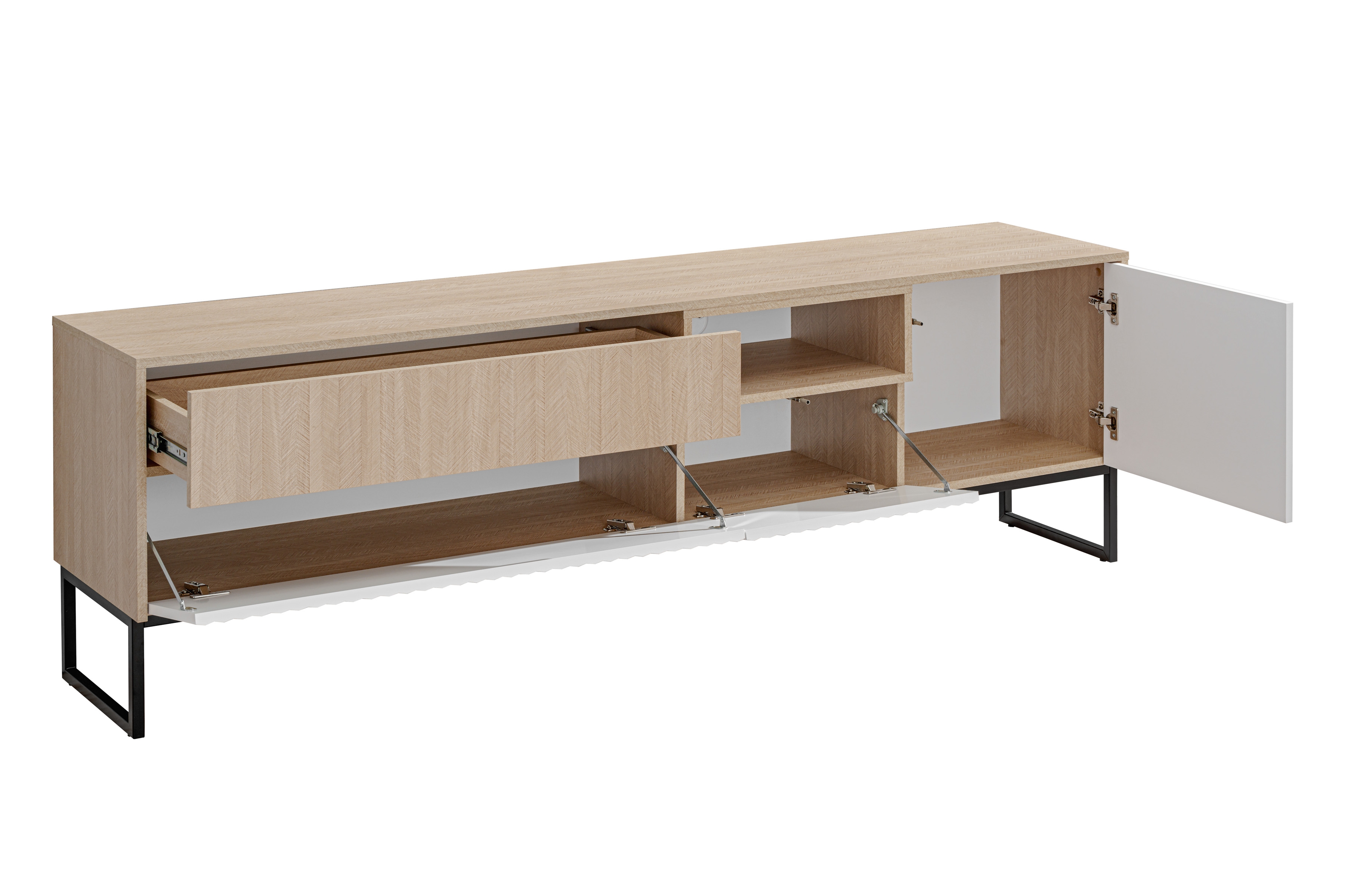 TV stolík Bliwon 197 cm so zásuvkami - jodeľka scandi / biely mat TV skrinka Bliwon F03 so zásuvkami 197 cm - jodelka scandi / biely mat