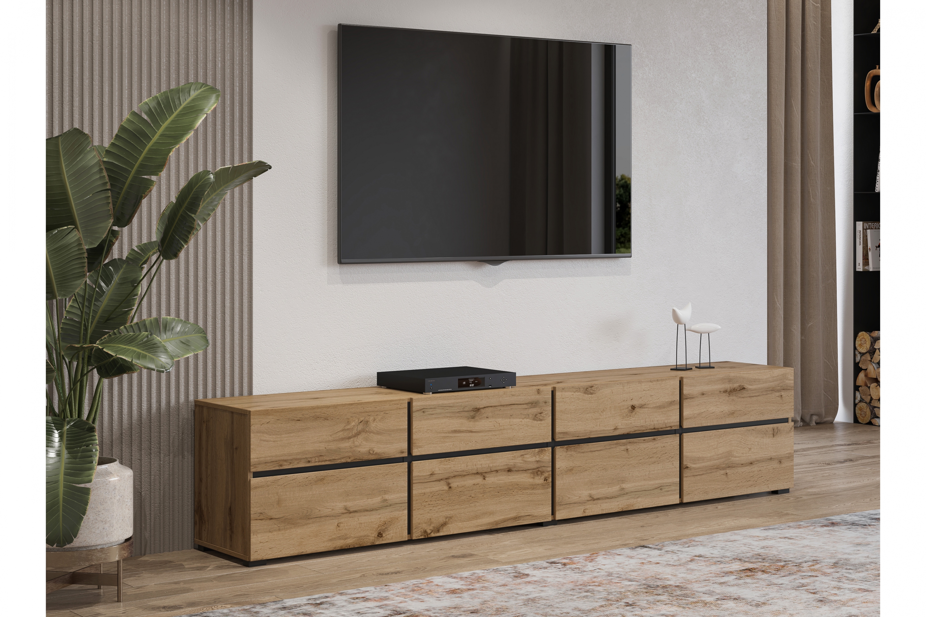 TV skrinka Cross 225 cm so 4 zásuvkami - dub wotan / čierna TV skrinka Cross 40 so zásuvkami 225 cm - Dub wotan / Čierny