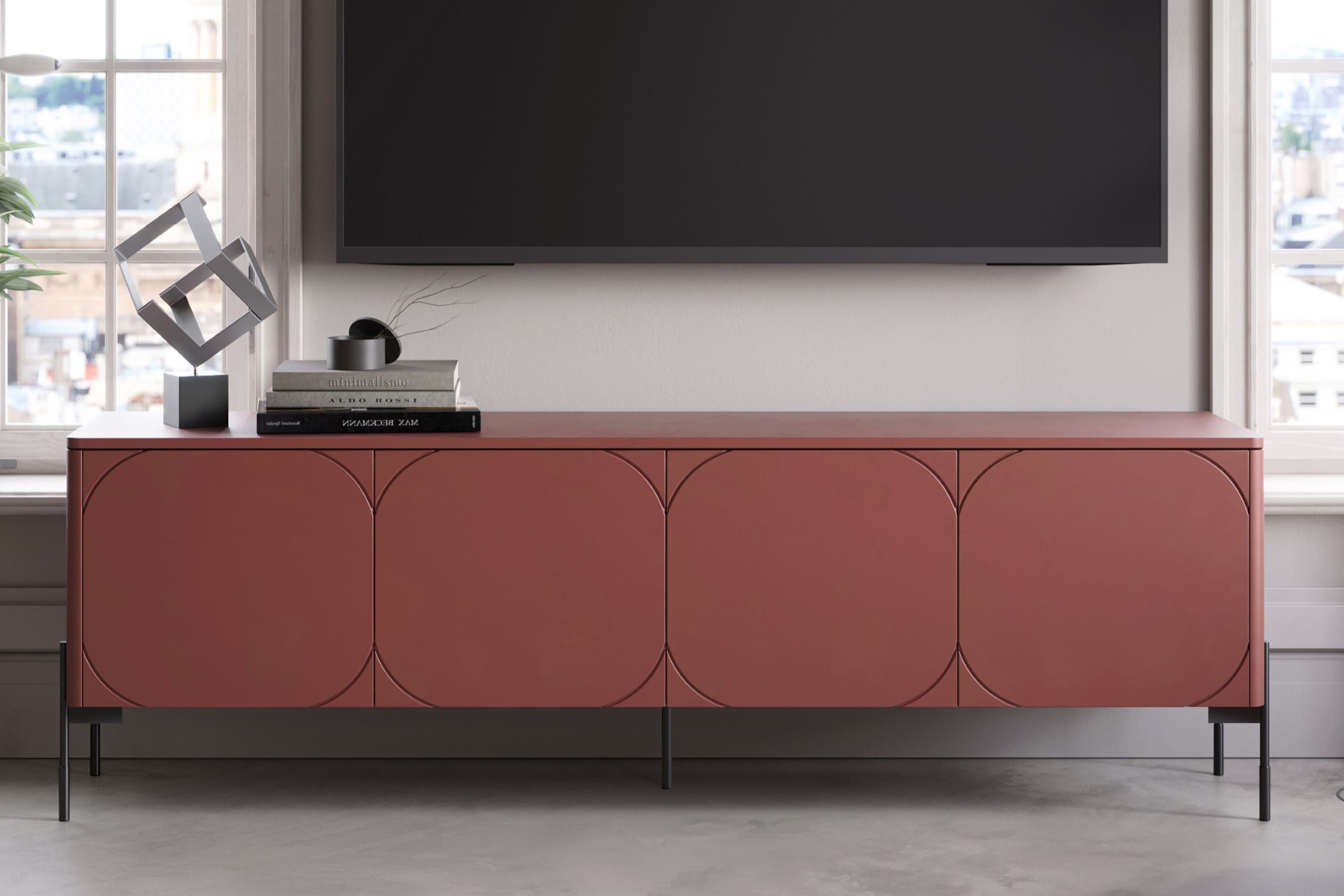 TV stolík Sonatia 200 cm - burgundová TV skrinka štvordverová Sonatia na kovových nohách 200 cm - burgund