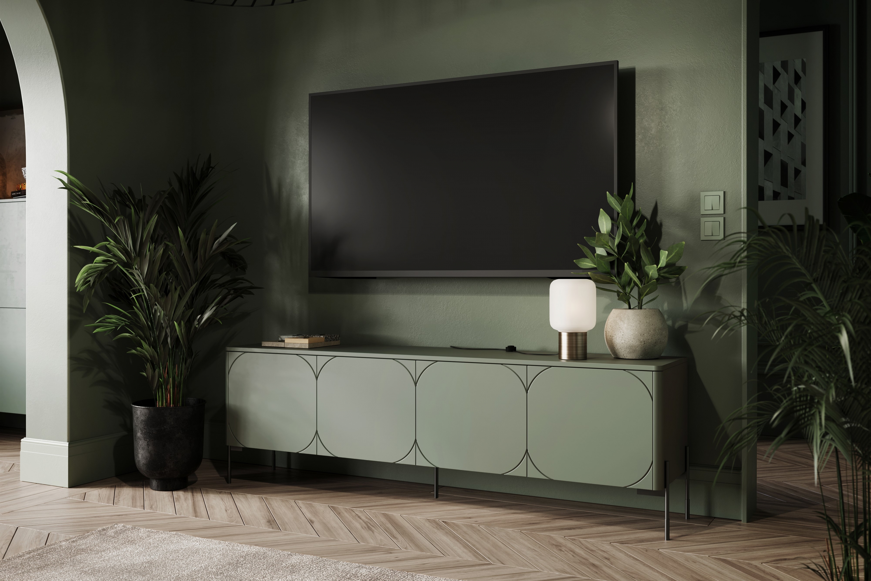 TV stolík Sonatia 200 cm - olivová TV skrinka štvordverová Sonatia na kovových nohách 200 cm - Oliva