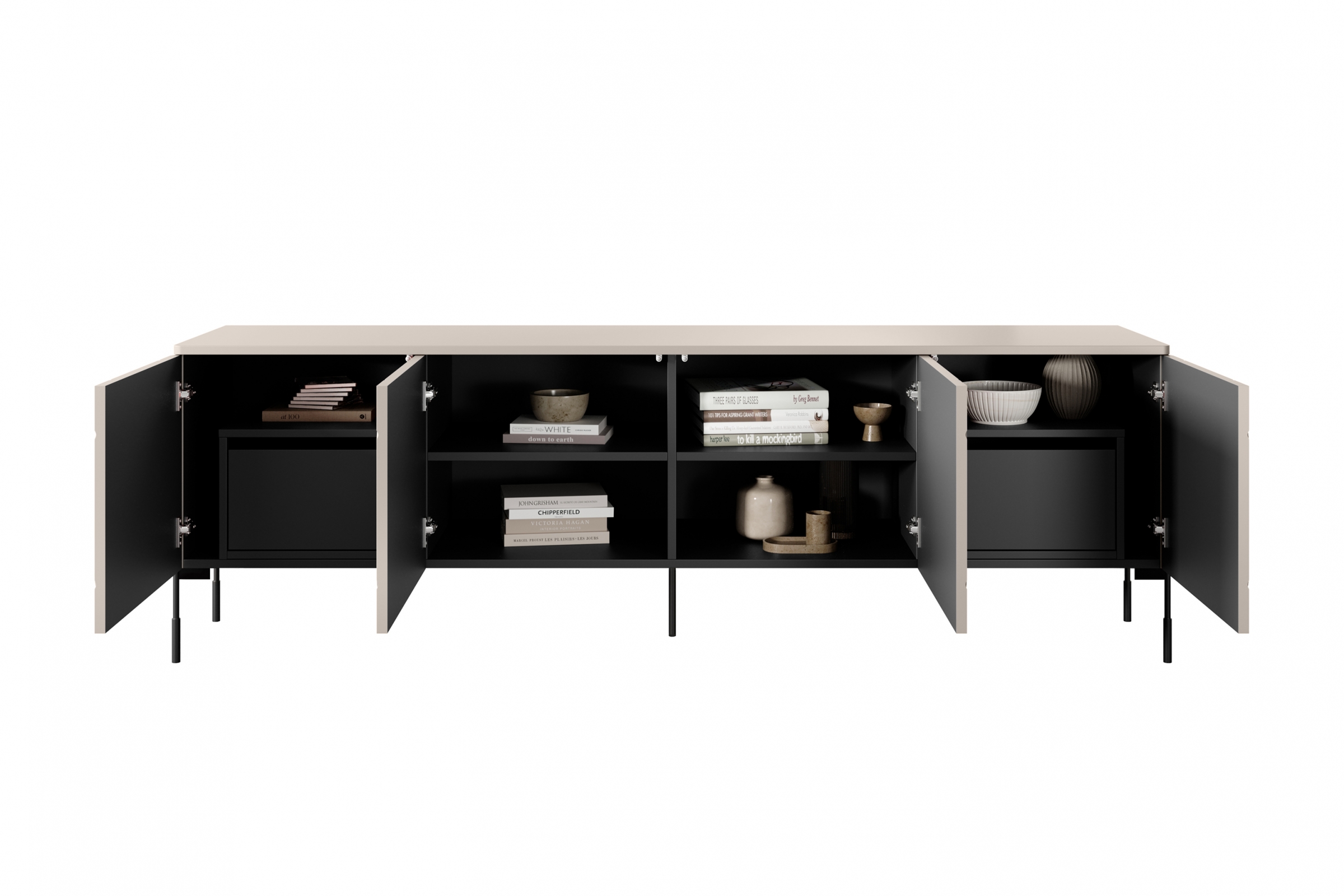 TV stolek Sonatia 200 cm se dvěma skrytými zásuvkami - kašmír skříňka RTV čtyřdveřová z dwoma ukrytymi zásuvkami Sonatia 200 cm - kašmír