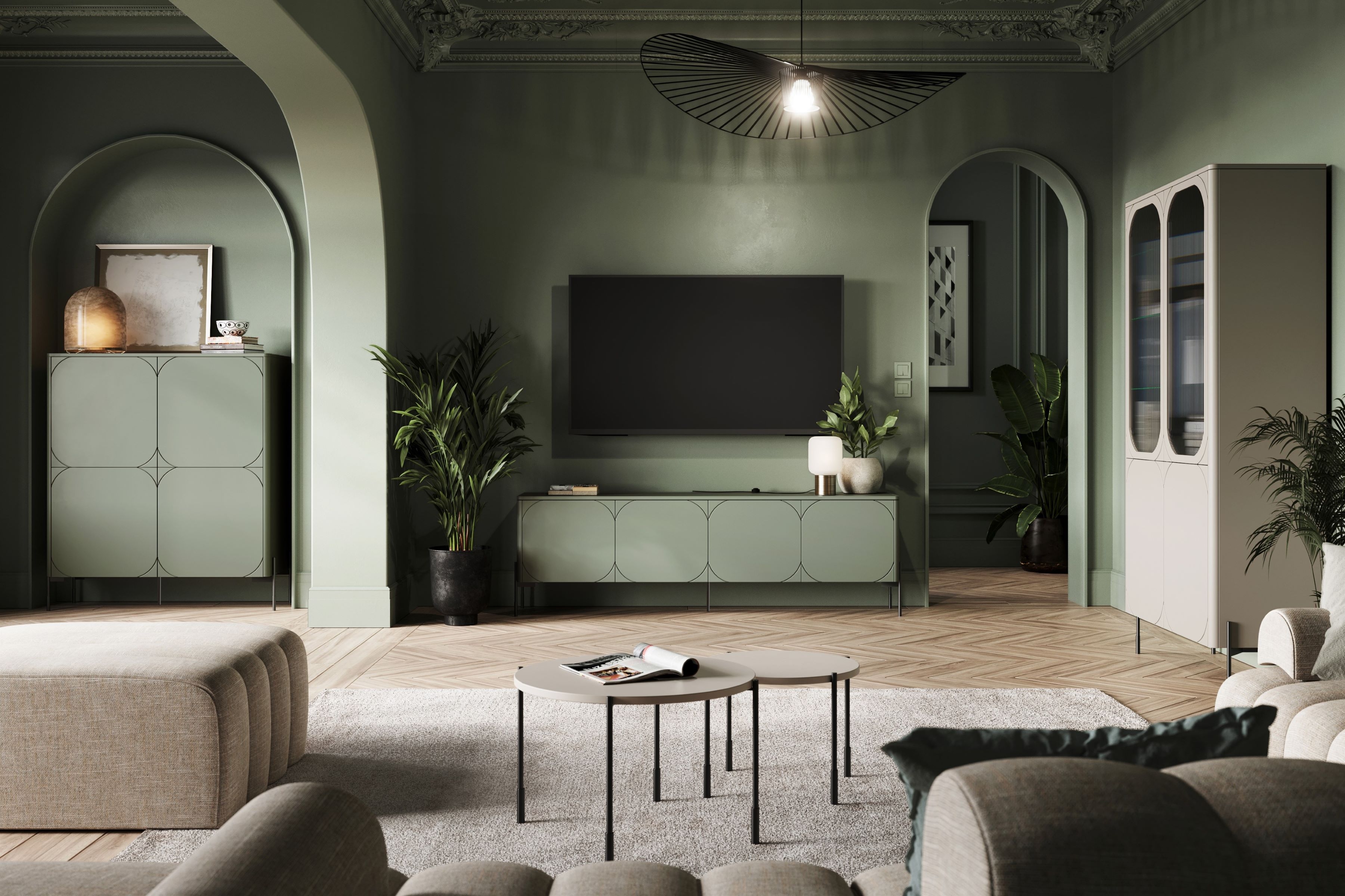 TV stolek Sonatia 200 cm se dvěma skrytými zásuvkami - olivová skříňka RTV čtyřdveřová z dwoma ukrytymi zásuvkami Sonatia 200 cm - olivová