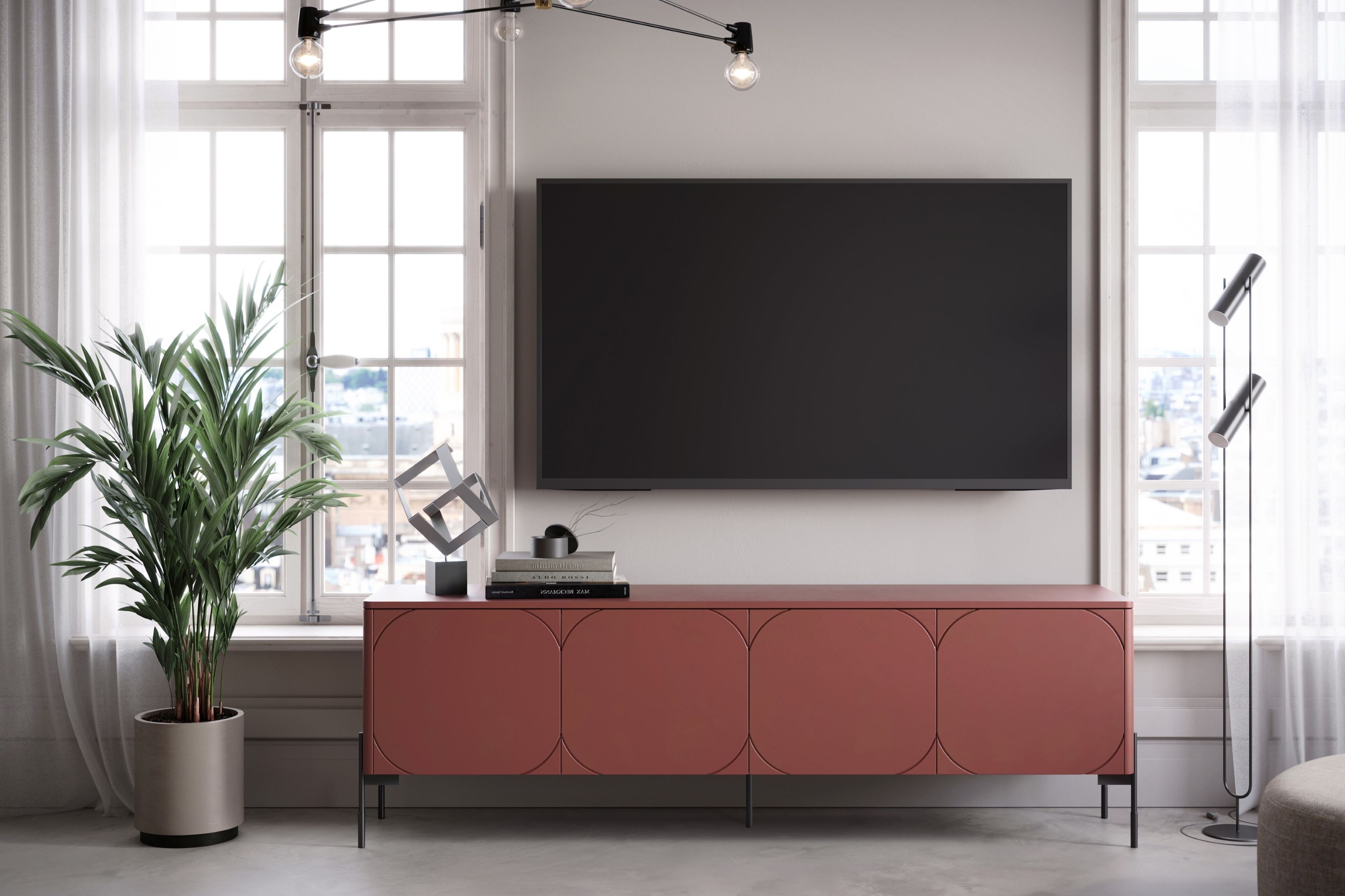 TV stolek Sonatia 200 cm se skrytou zásuvkou - burgund skříňka RTV čtyřdveřová z ukryta szuflada Sonatia 200 cm - burgund