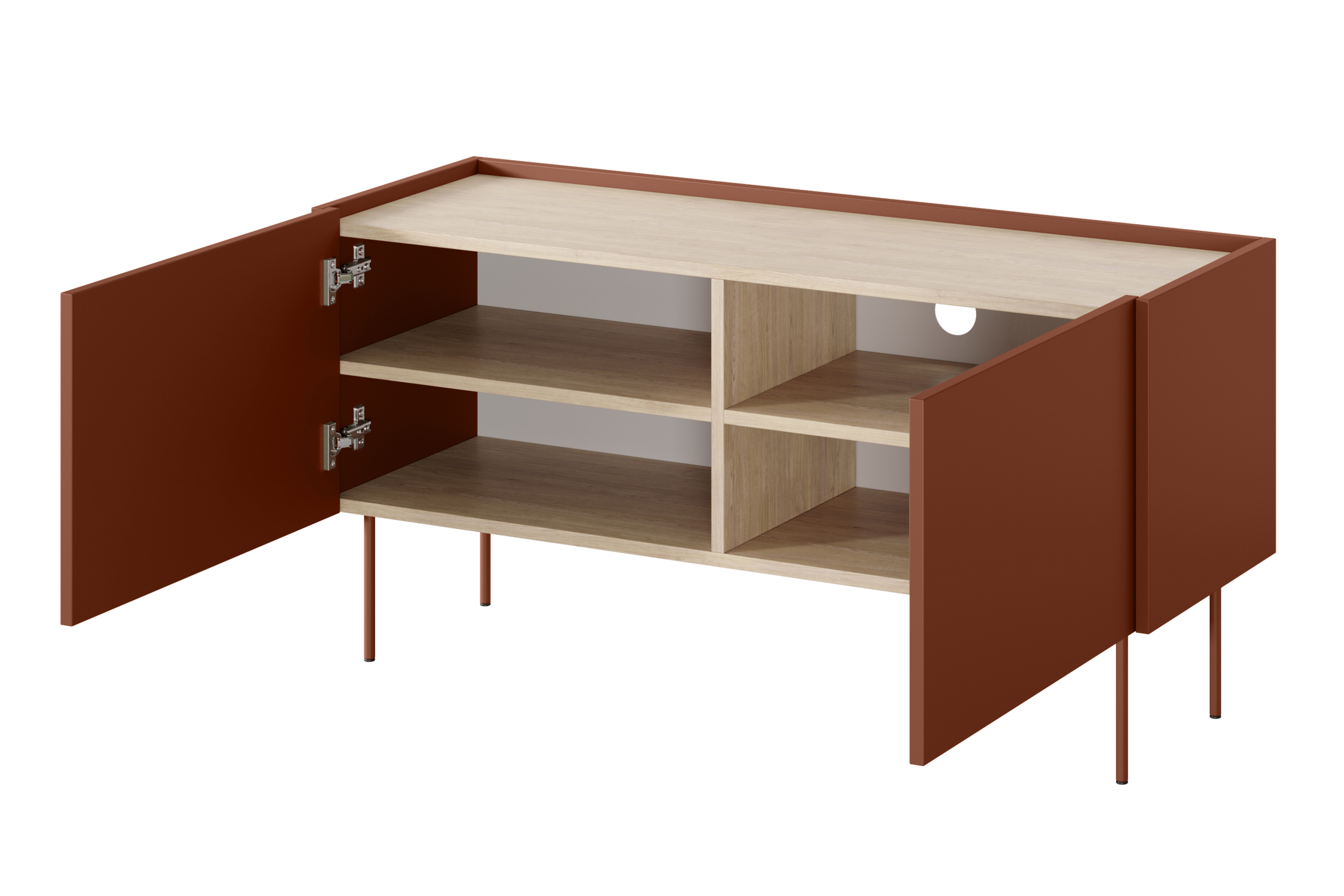 TV stolík Desin 120 cm - ceramic red / dub nagano TV skrinka Desin 120 cm z metalowymi nogami - Červený / ceramic red / Dub nagano