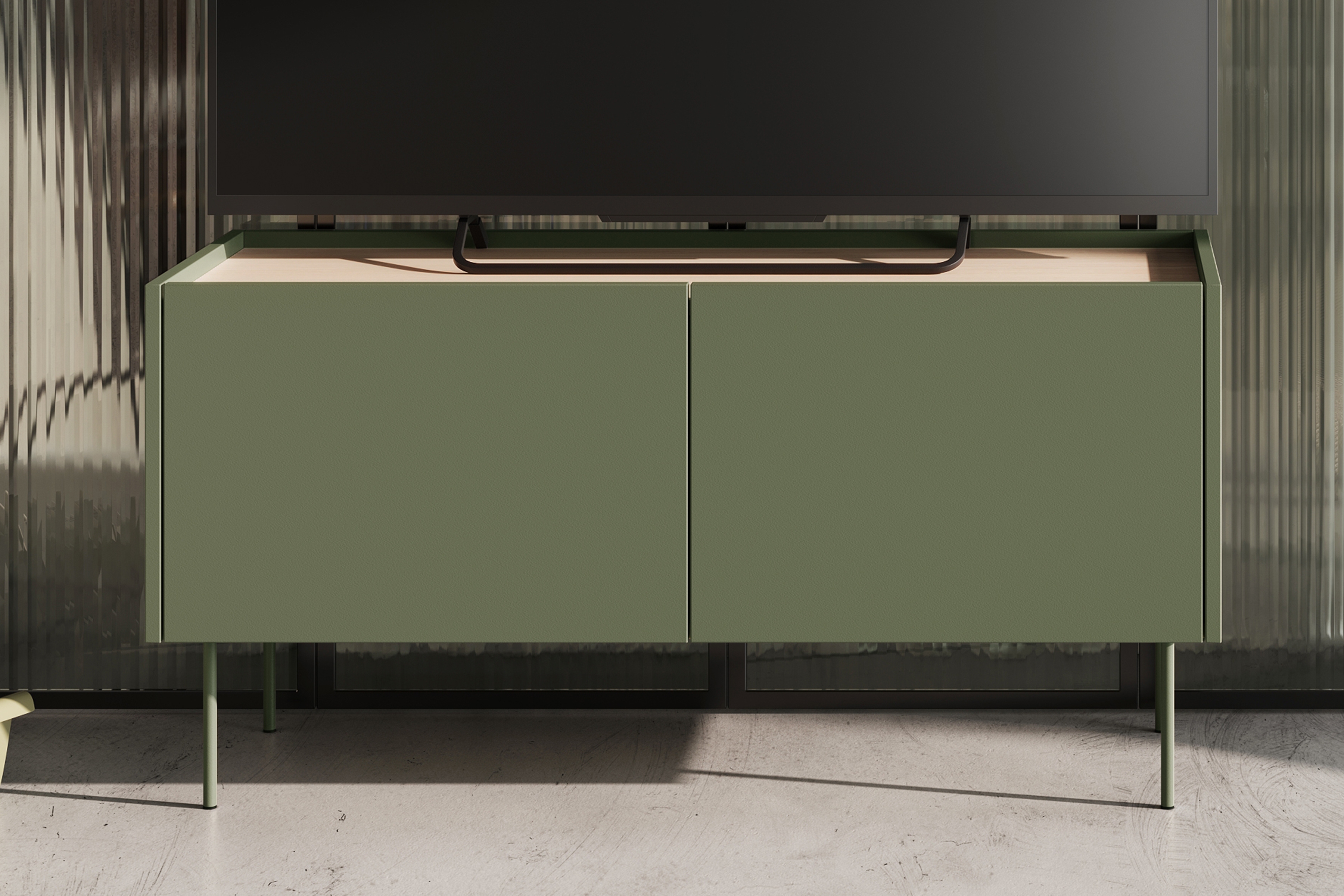 TV stolek Desin 120 cm - olivová / dub nagano skříňka RTV Desin 120 cm z metalowymi nogami - olivová / dub nagano