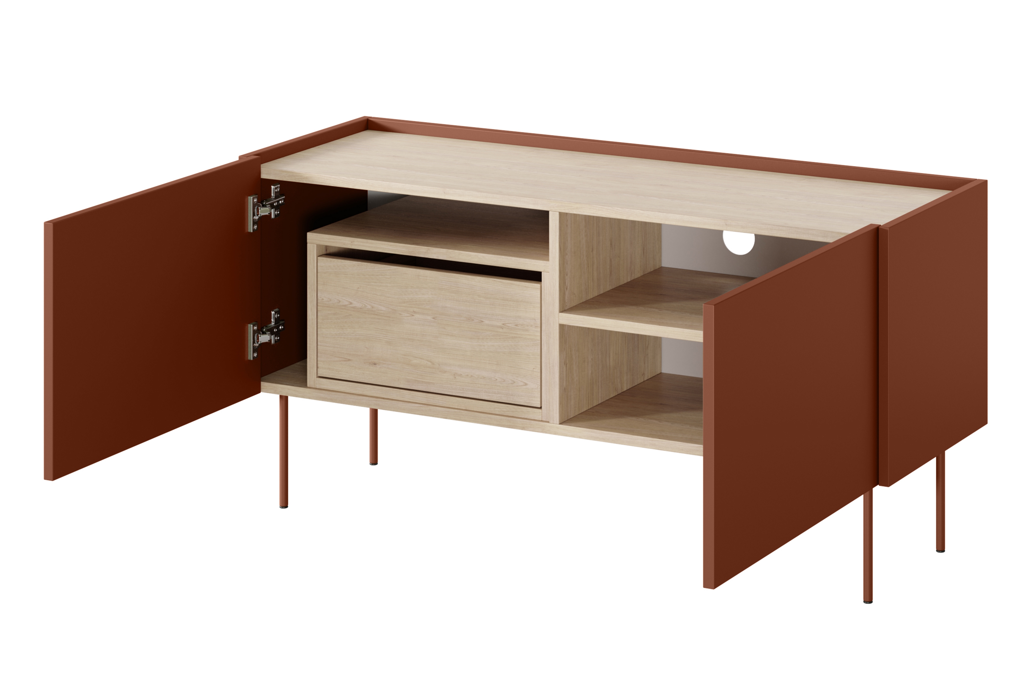 TV stolík Desin 120 cm s ukrytou zásuvkou - ceramic red / dub nagano TV skrinka Desin 120 cm z ukryta szuflada i metalowymi nogami - ceramic red / Dub nagano