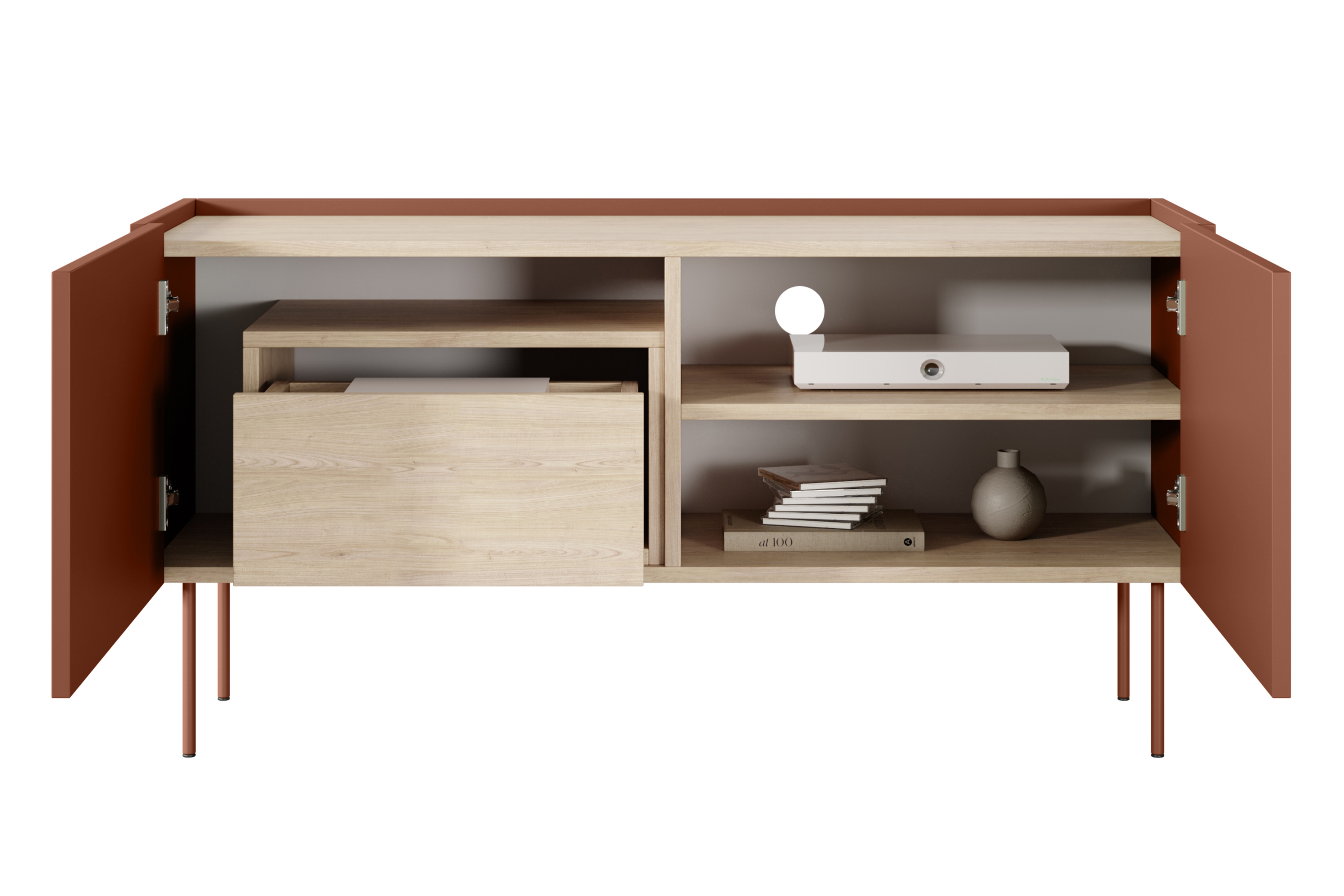 TV stolík Desin 120 cm s ukrytou zásuvkou - ceramic red / dub nagano TV skrinka Desin 120 cm z ukryta szuflada i metalowymi nogami - ceramic red / Dub nagano