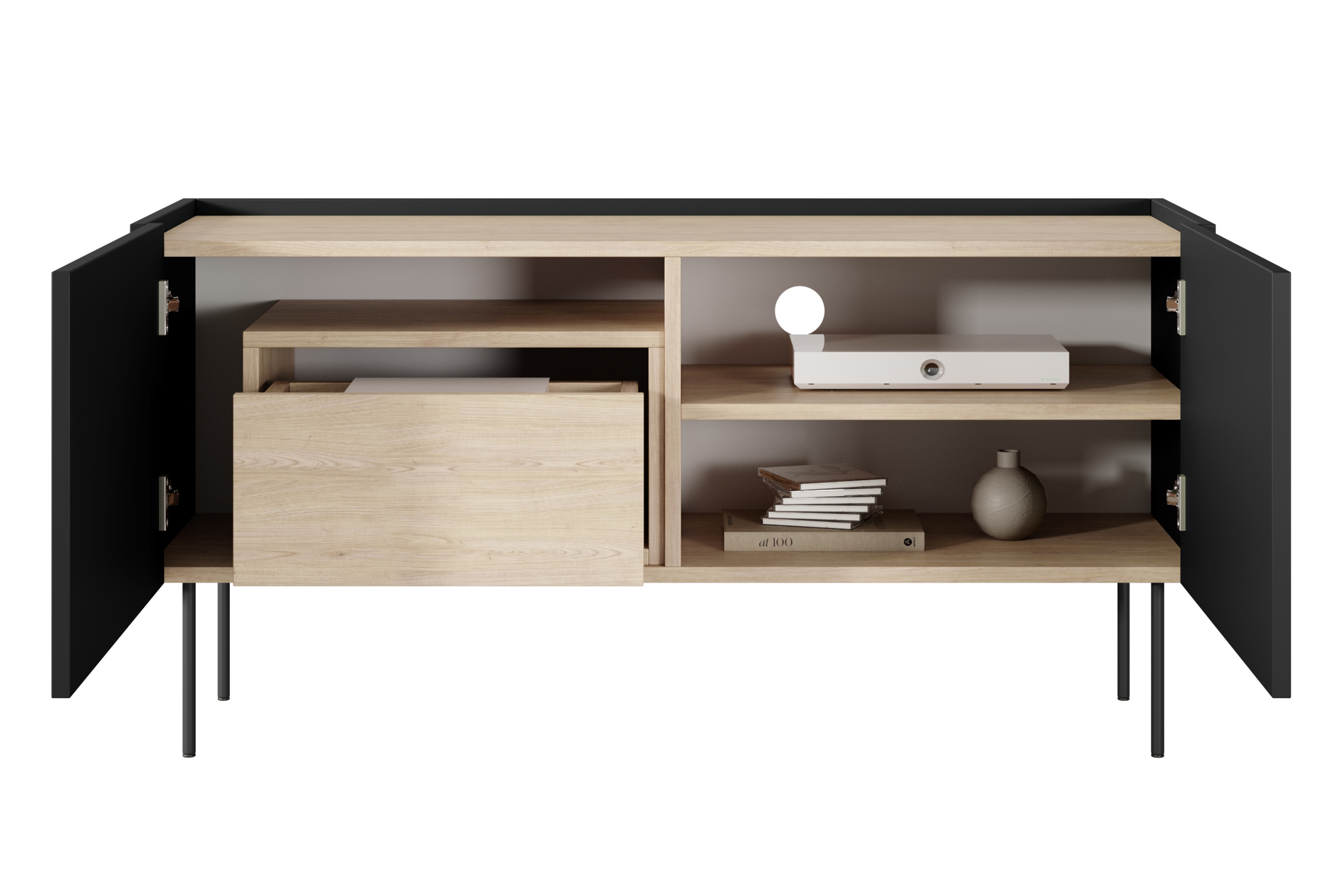 TV stolík Desin 120 cm s ukrytou zásuvkou - čierny mat / dub nagano TV skrinka Desin 120 cm z ukryta szuflada i metalowymi nogami - Čierny mat / Dub nagano