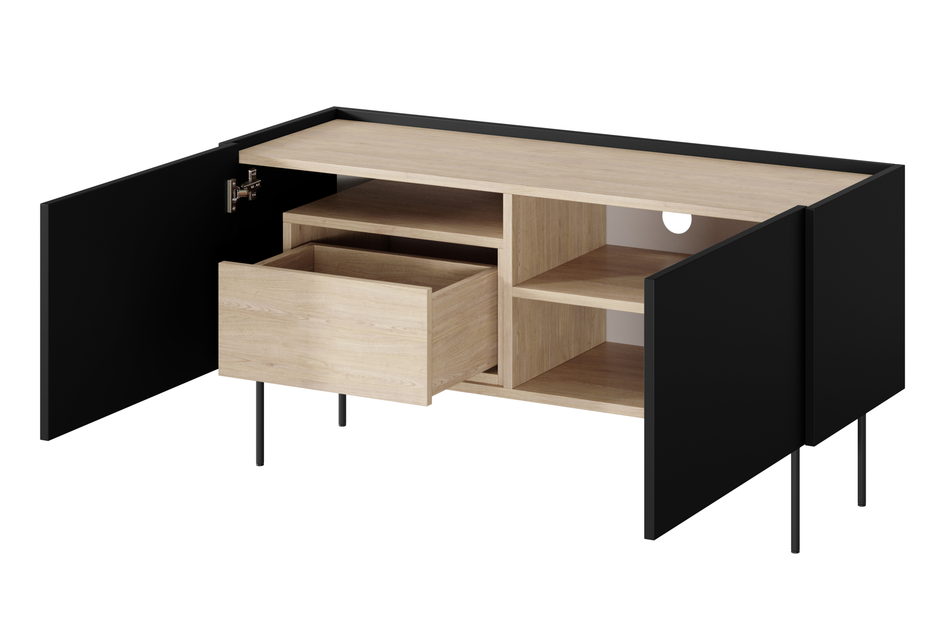 TV stolík Desin 120 cm s ukrytou zásuvkou - čierny mat / dub nagano TV skrinka Desin 120 cm z ukryta szuflada i metalowymi nogami - Čierny mat / Dub nagano