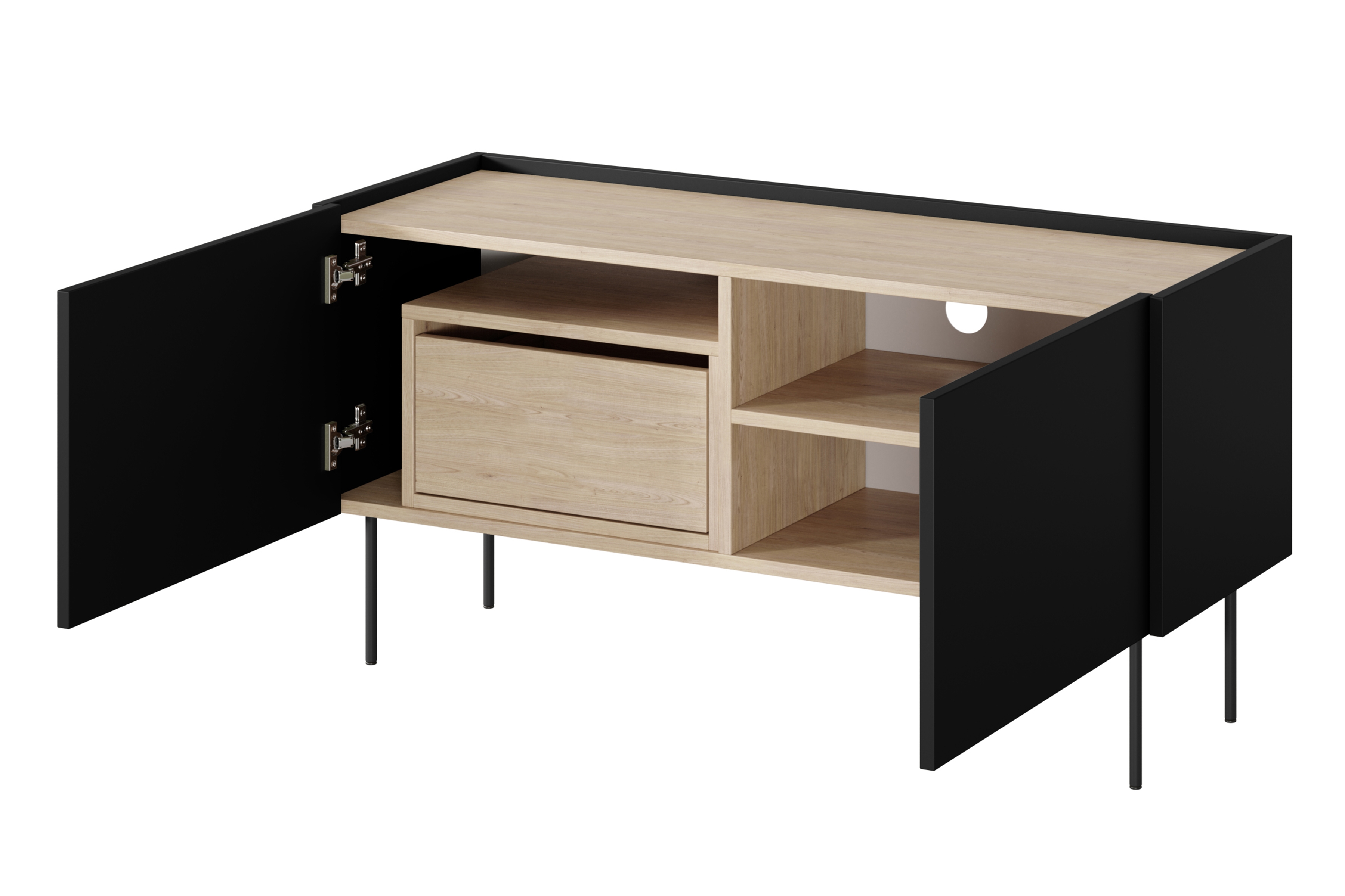 TV stolík Desin 120 cm s ukrytou zásuvkou - čierny mat / dub nagano TV skrinka Desin 120 cm z ukryta szuflada i metalowymi nogami - Čierny mat / Dub nagano