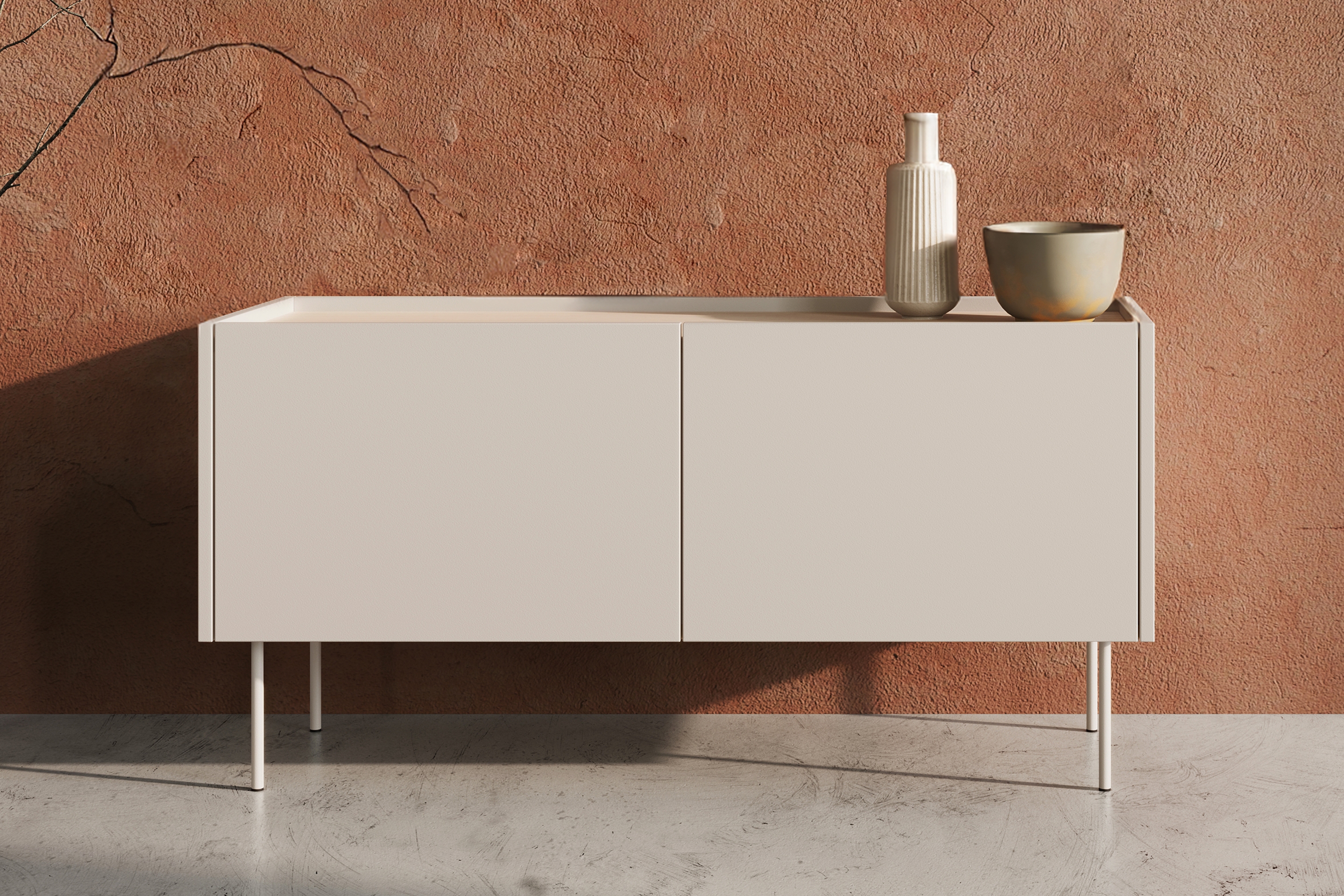 TV stolek Desin 120 cm se skrytou zásuvkou - kašmír / dub nagano skříňka RTV Desin 120 cm z ukryta szuflada i metalowymi nogami - kašmír / dub nagano