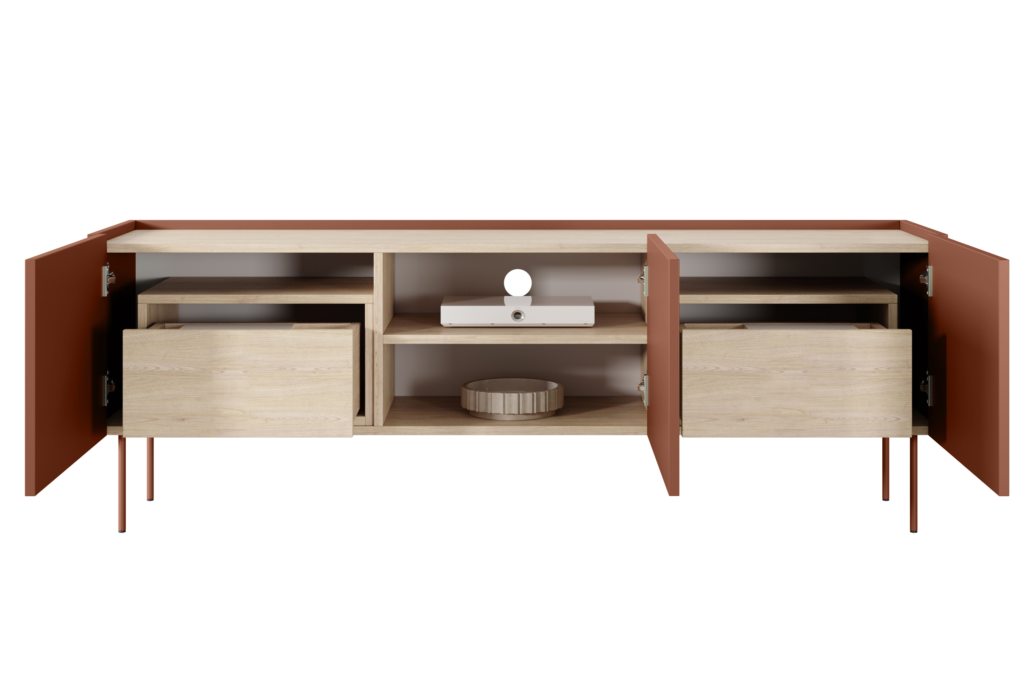 TV stolík Desin 170 cm s 2 ukrytými zásuvkami - ceramic red / dub nagano TV skrinka Desin 170 cm z 2 ukrytymi zásuvkami - ceramic red / Dub nagano