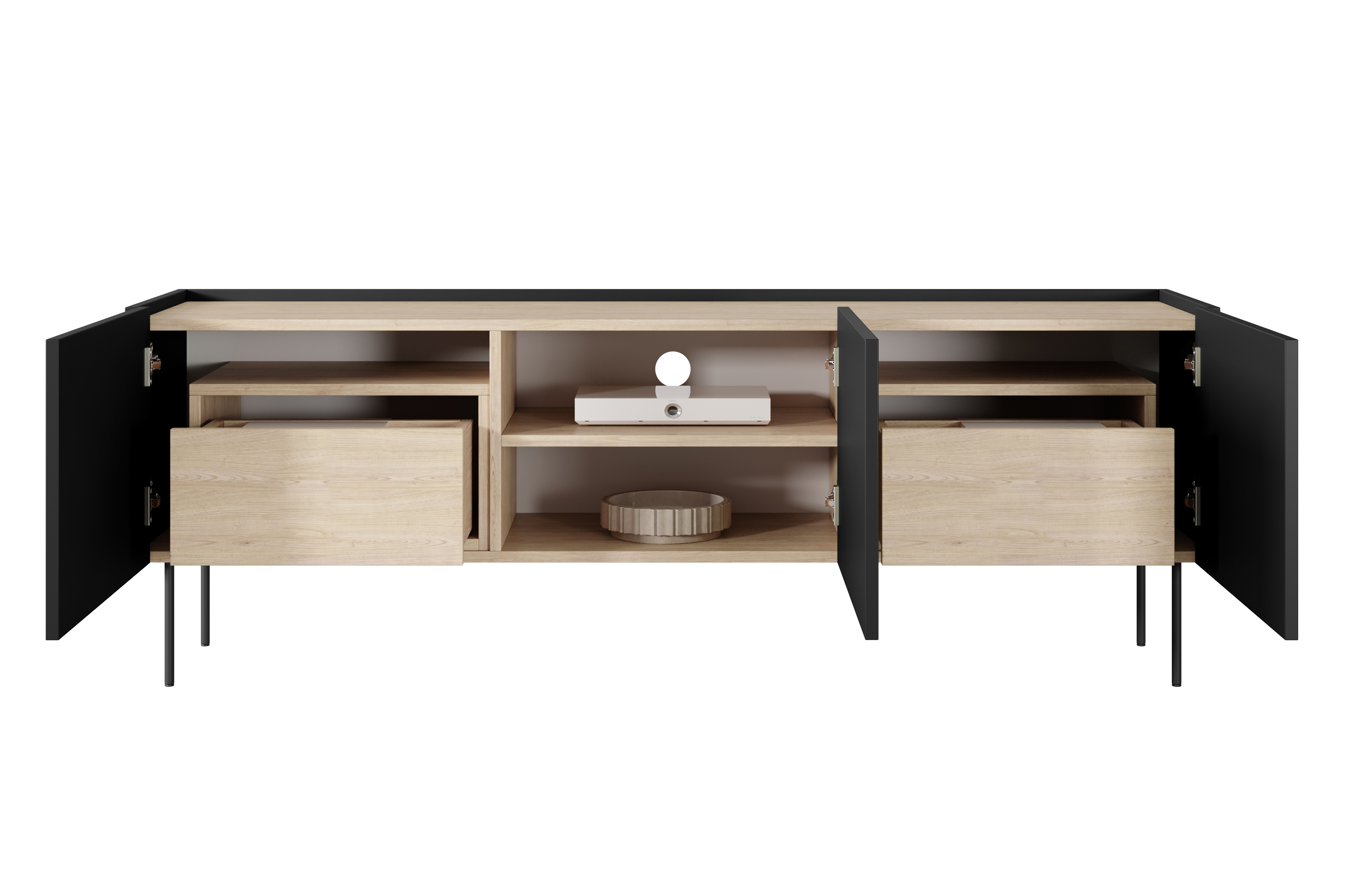 TV stolík Desin 170 cm s 2 ukrytými zásuvkami - čierny mat / dub nagano TV skrinka Desin 170 cm z 2 ukrytymi zásuvkami - Čierny mat / Dub nagano