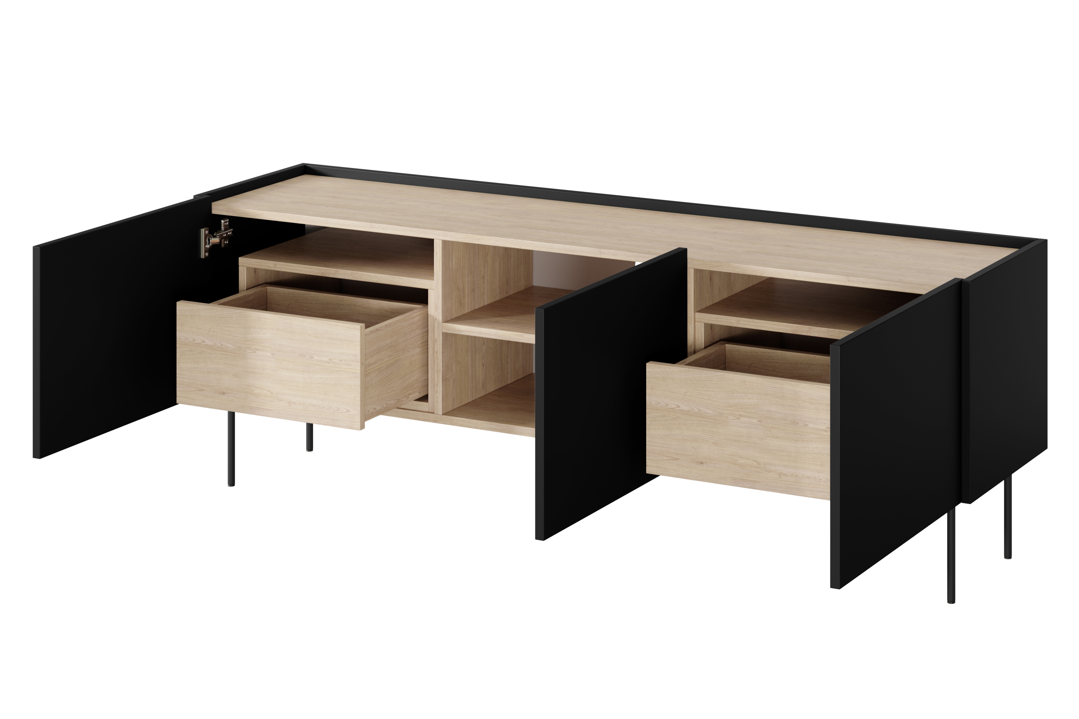 TV stolík Desin 170 cm s 2 ukrytými zásuvkami - čierny mat / dub nagano TV skrinka Desin 170 cm z 2 ukrytymi zásuvkami - Čierny mat / Dub nagano