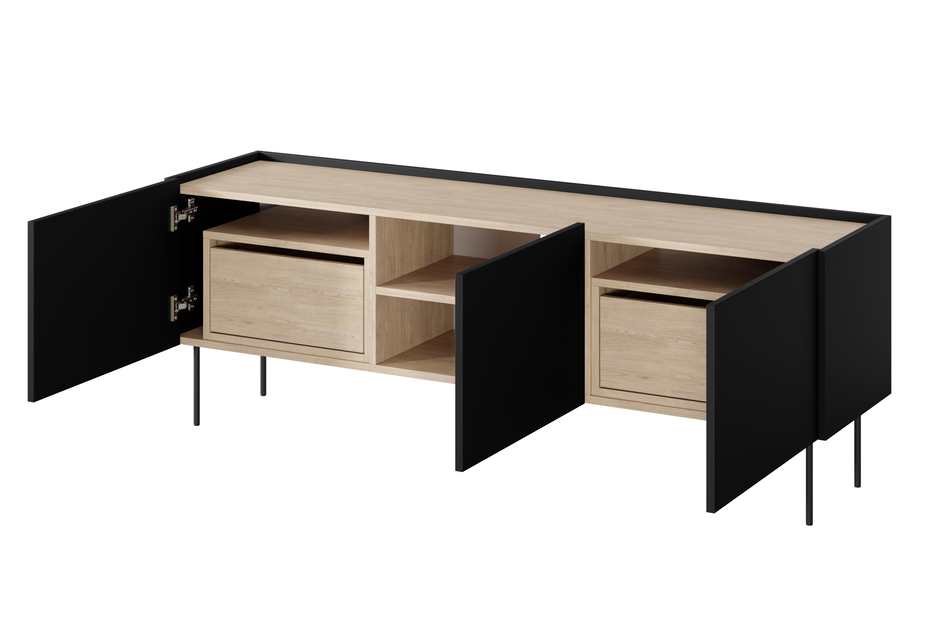 TV stolík Desin 170 cm s 2 ukrytými zásuvkami - čierny mat / dub nagano TV skrinka Desin 170 cm z 2 ukrytymi zásuvkami - Čierny mat / Dub nagano