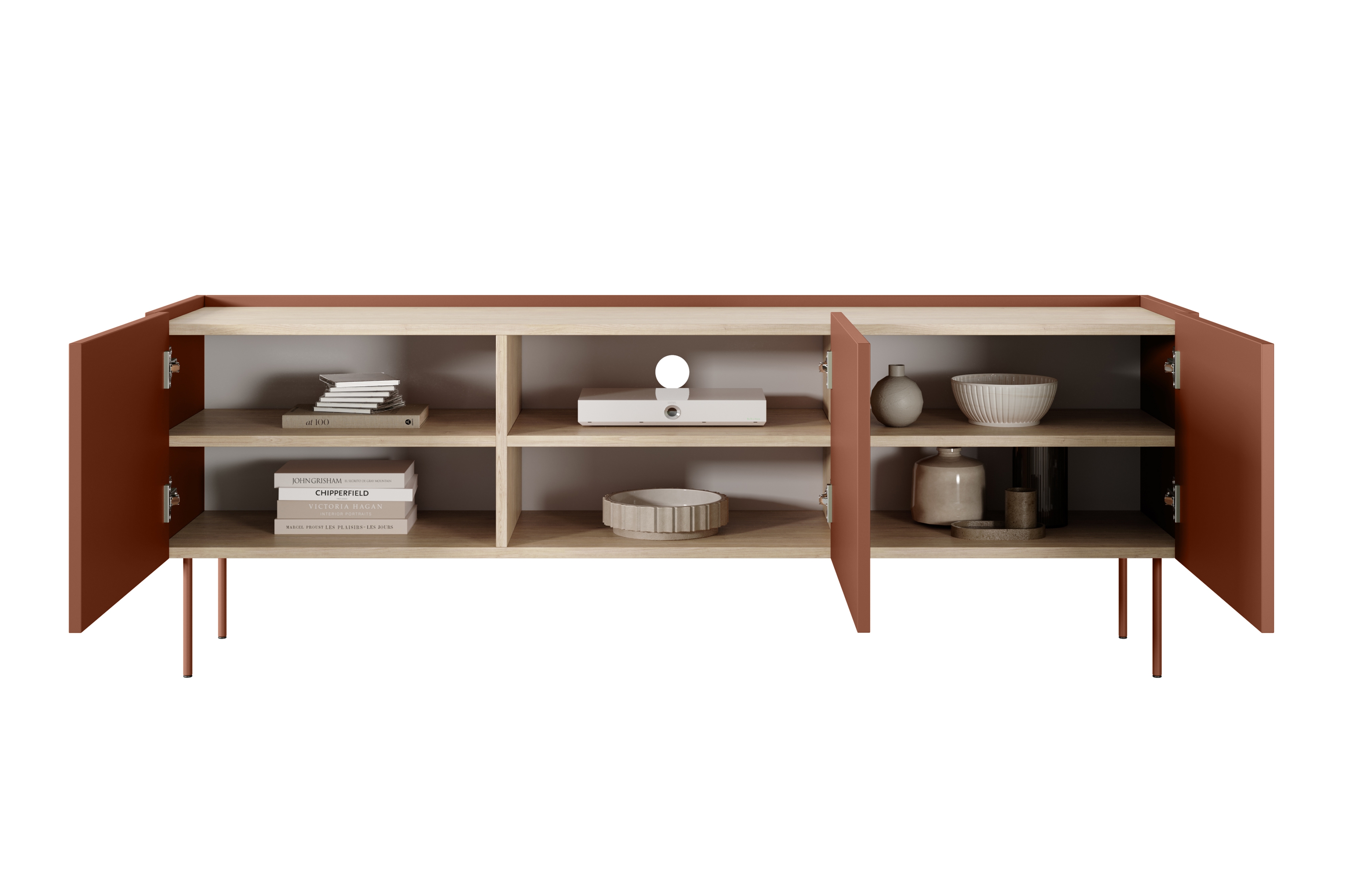 TV stolík Desin 170 cm - ceramic red / dub nagano TV skrinka Desin 170 cm z metalowymi nogami - ceramic red / Dub nagano