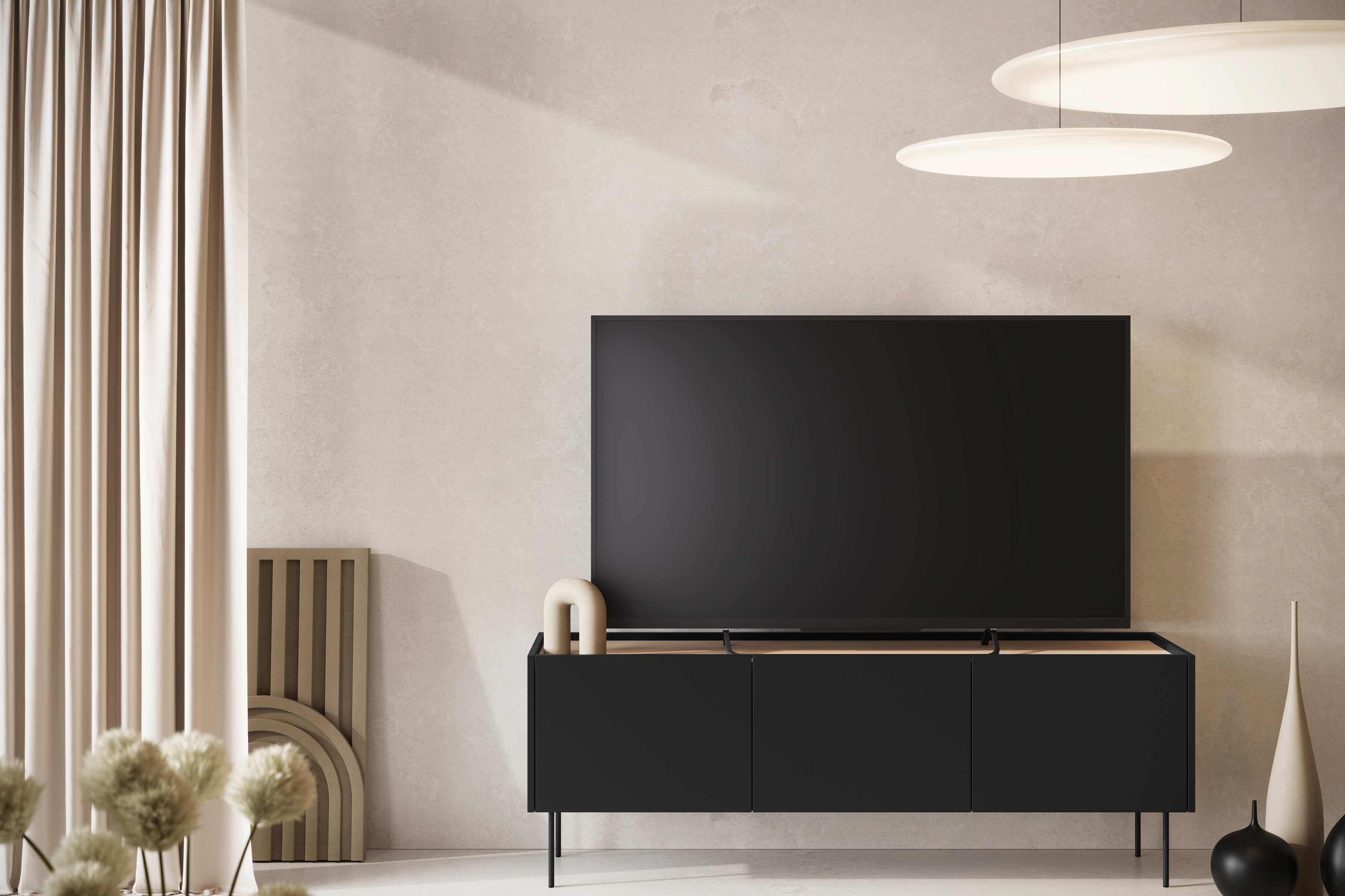 TV stolek Desin 170 cm - černý mat / dub nagano skříňka RTV Desin 170 cm z metalowymi nogami - černá mat / dub nagano