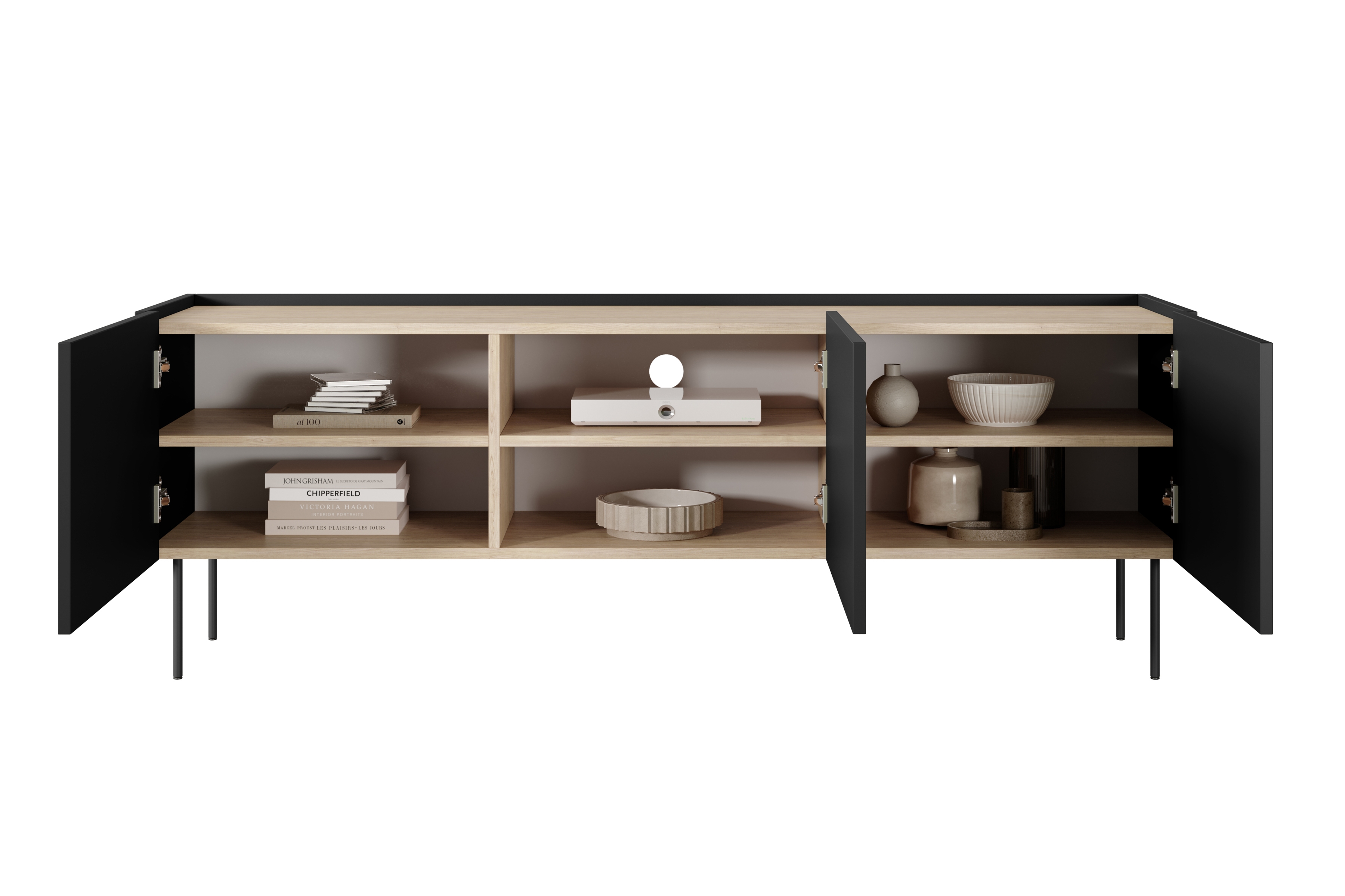 TV stolek Desin 170 cm - černý mat / dub nagano skříňka RTV Desin 170 cm z metalowymi nogami - černá mat / dub nagano