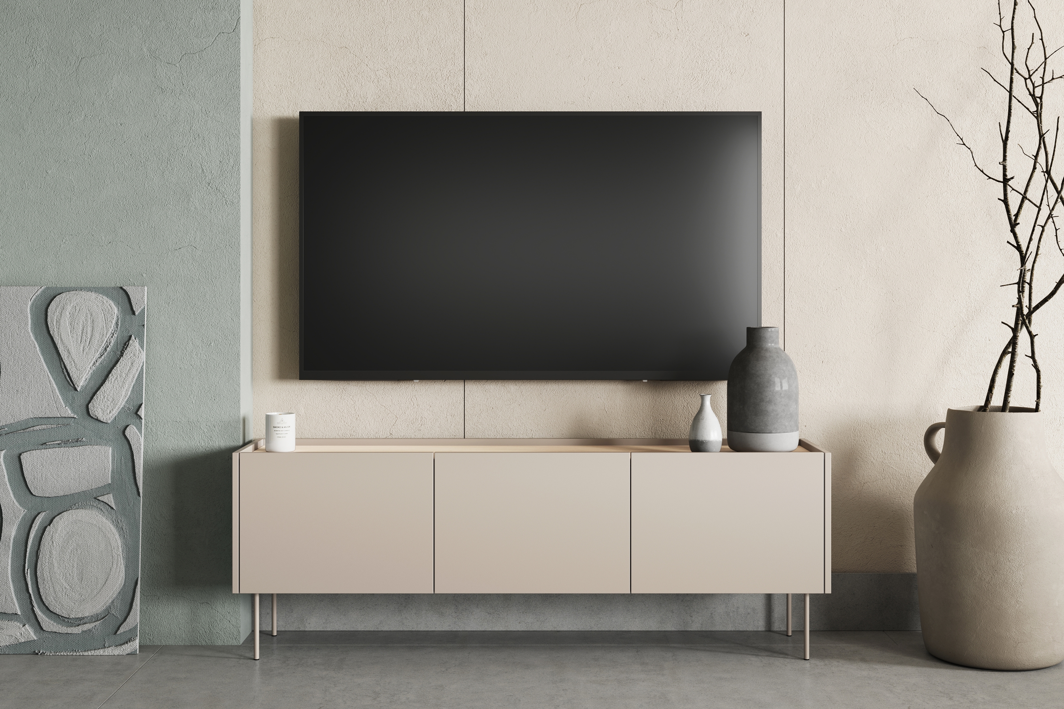 TV stolek Desin 170 cm - kašmír / dub nagano / kovové nohy skříňka RTV Desin 170 cm z metalowymi nogami - kašmír / dub nagano