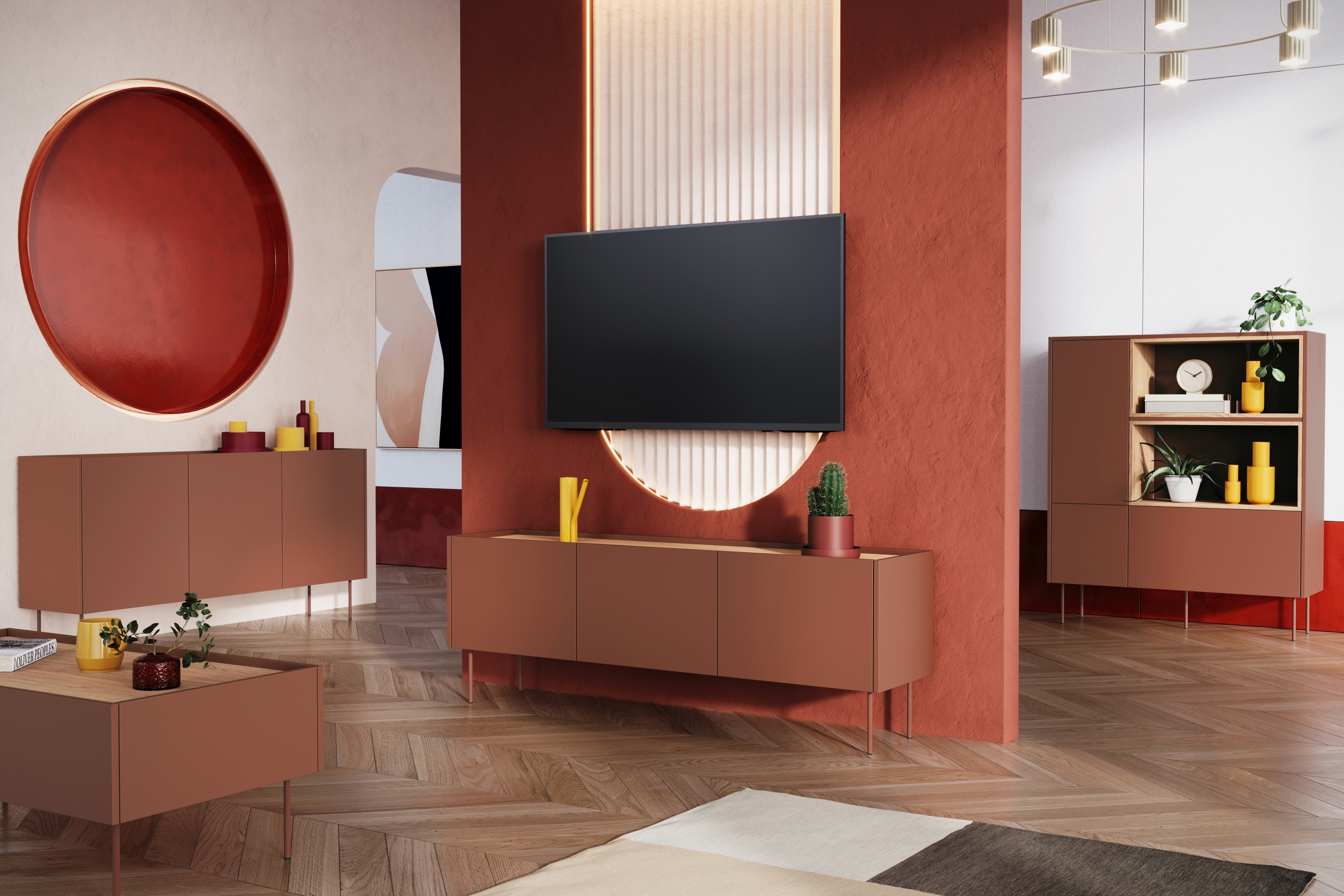 TV stolík Desin 170 cm s ukrytou zásuvkou - ceramic red / dub nagano TV skrinka Desin 170 cm z ukryta szuflada i metalowymi nogami - Červený / ceramic red / Dub nagano