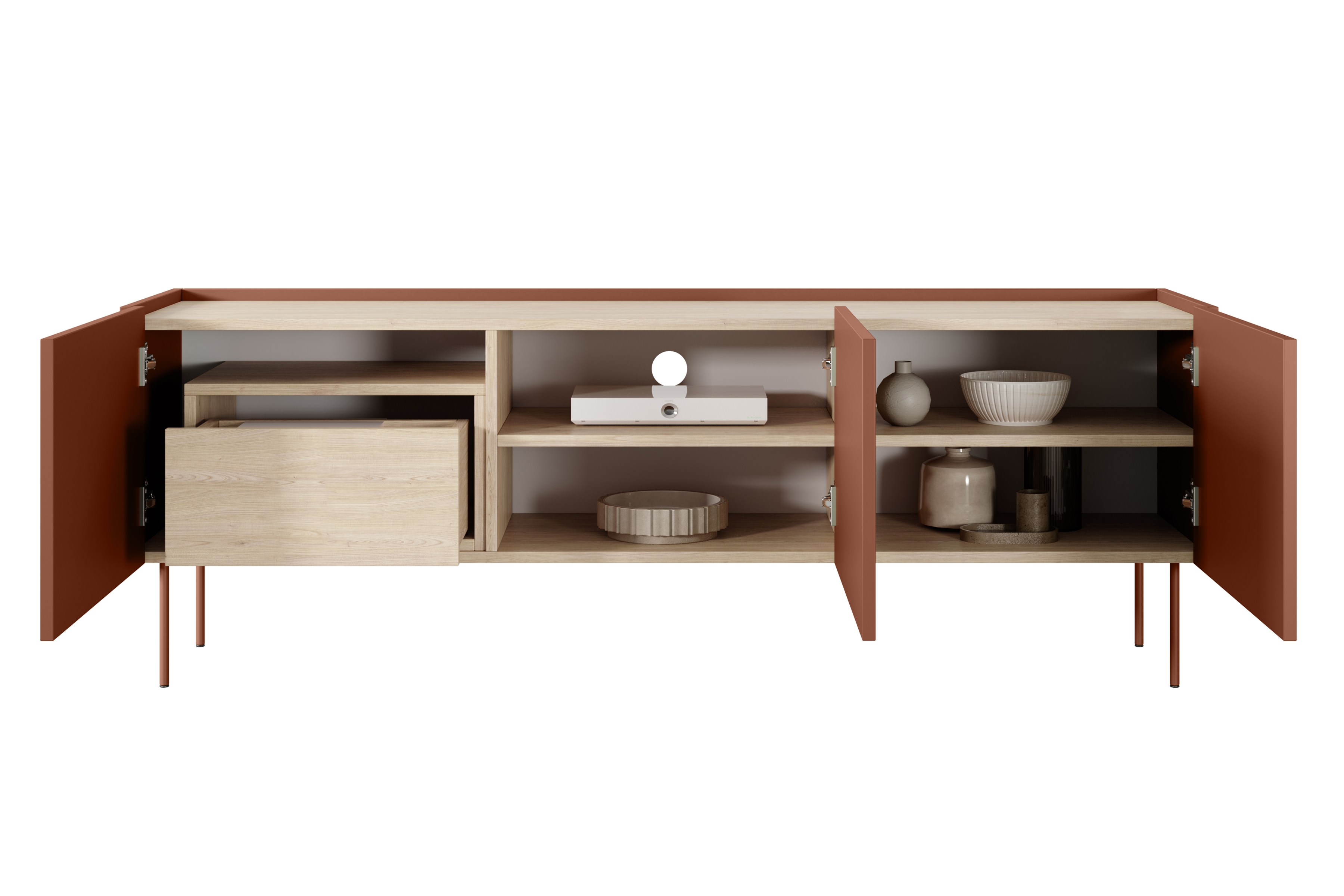 TV stolík Desin 170 cm s ukrytou zásuvkou - ceramic red / dub nagano TV skrinka Desin 170 cm z ukryta szuflada i metalowymi nogami - Červený / ceramic red / Dub nagano